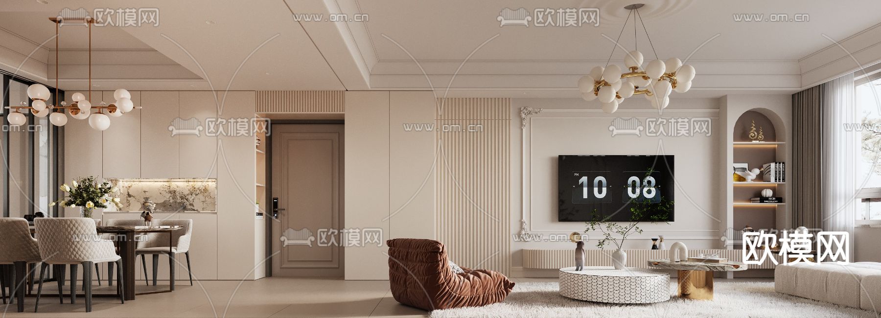 法式客厅餐厅3d模型下载（渲染图3）