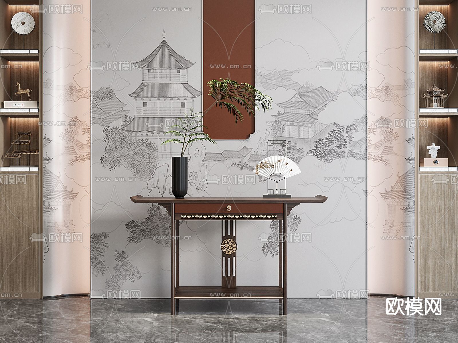 新中式端景条案su模型