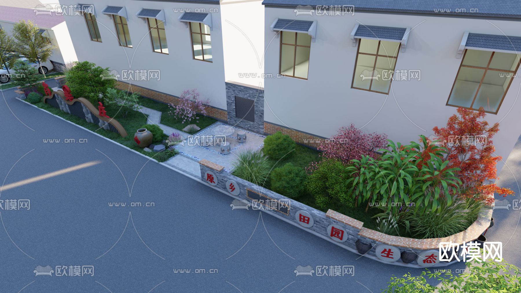 新中式美丽乡村入口su模型下载（渲染图2）