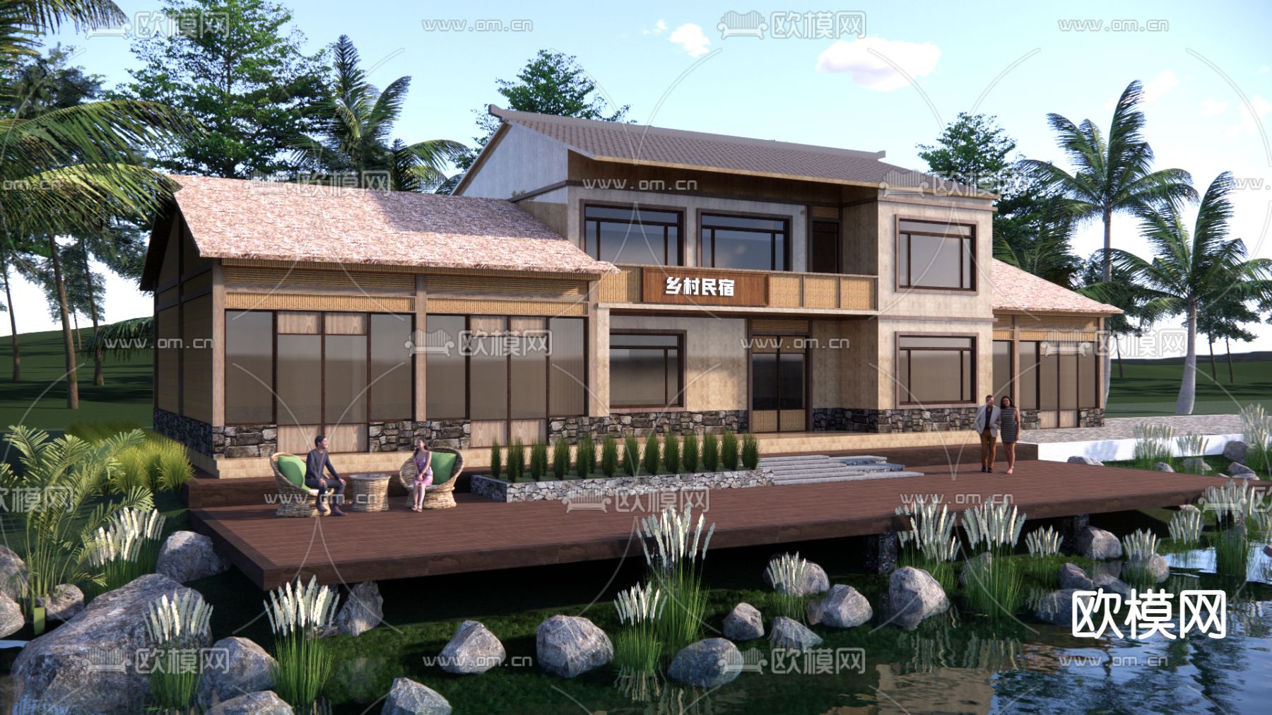 新中式乡村民宿外观su模型下载（渲染图1）