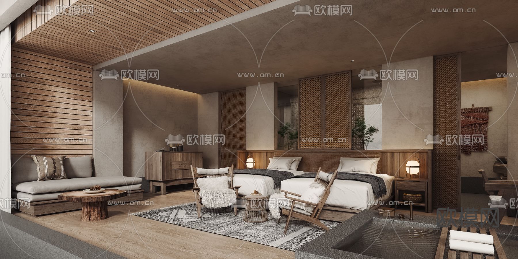 侘寂风民宿 双床房3d模型下载_ID12251025_3dmax免费模型-欧模网