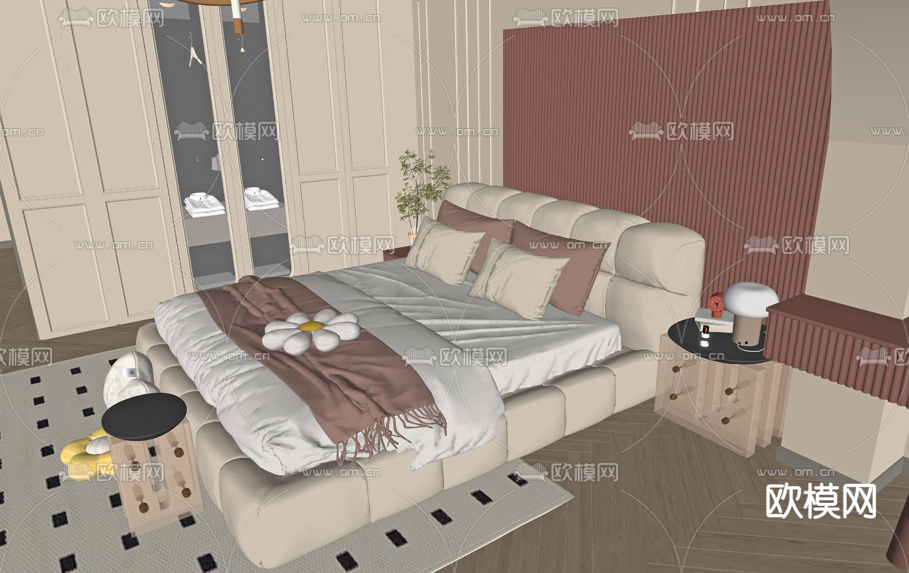 现代双人床 泡芙床su模型下载（渲染图2）