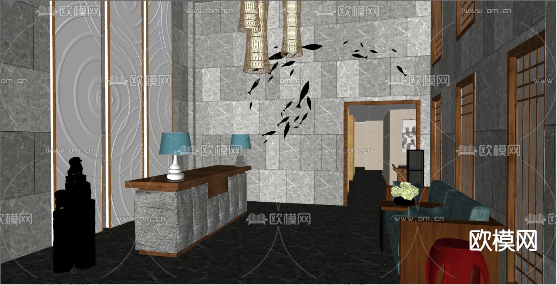 轻奢酒店前台 接待处su模型下载（渲染图2）