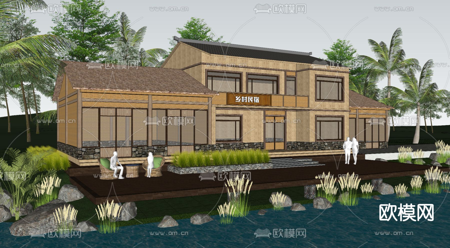新中式乡村民宿外观su模型下载（渲染图3）