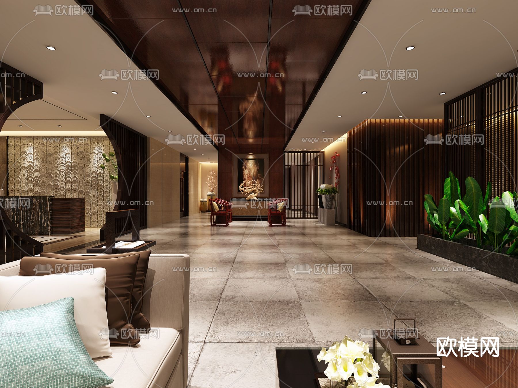 新中式酒店休闲区su模型下载（渲染图2）