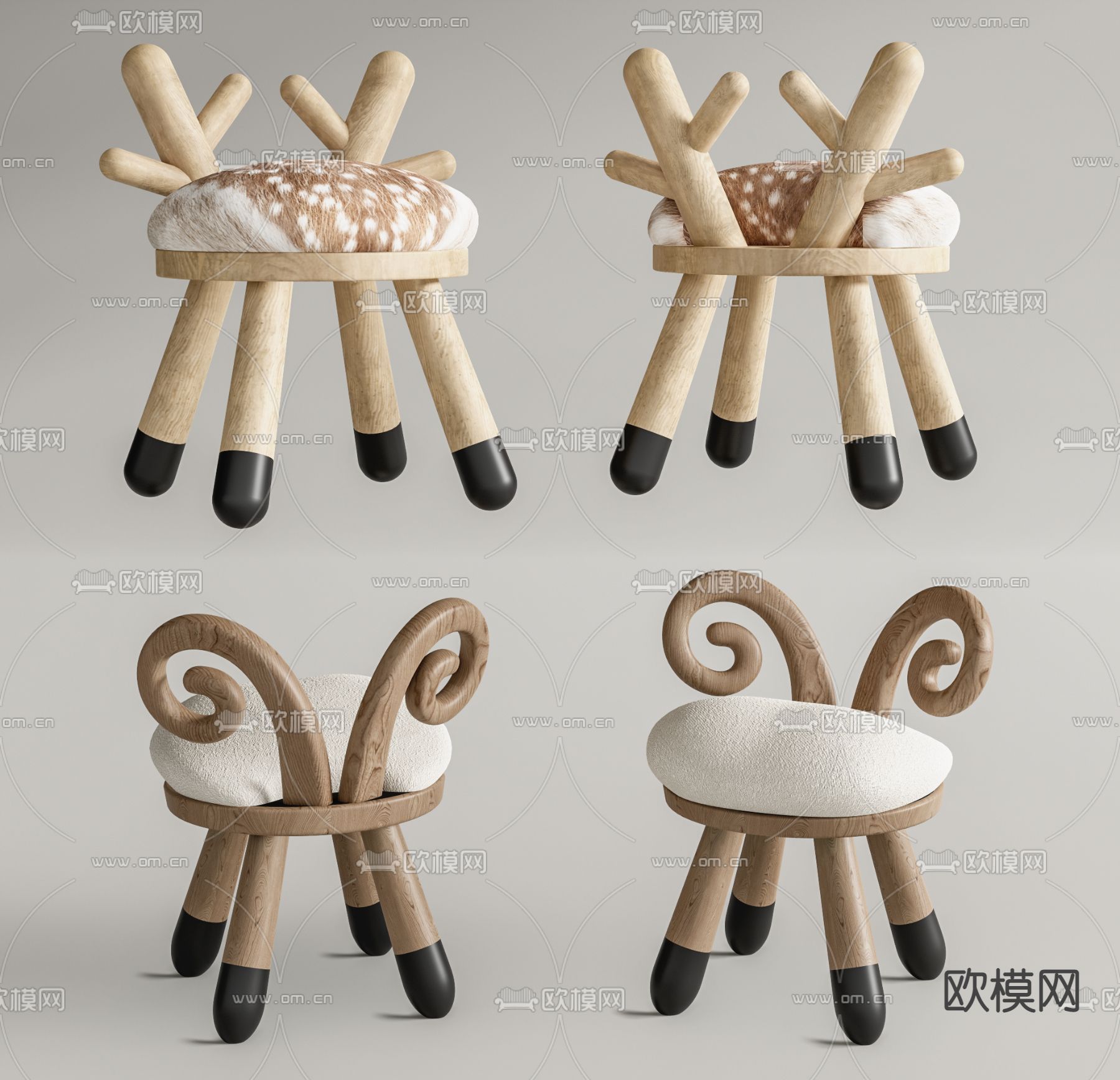 北欧儿童实木凳子su模型