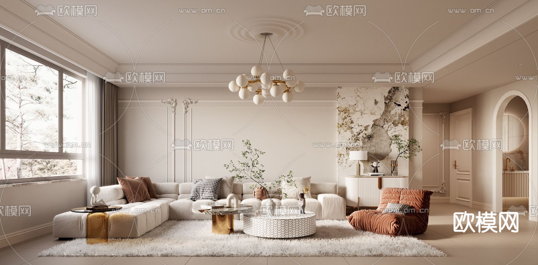 法式客厅餐厅3d模型下载（渲染图1）