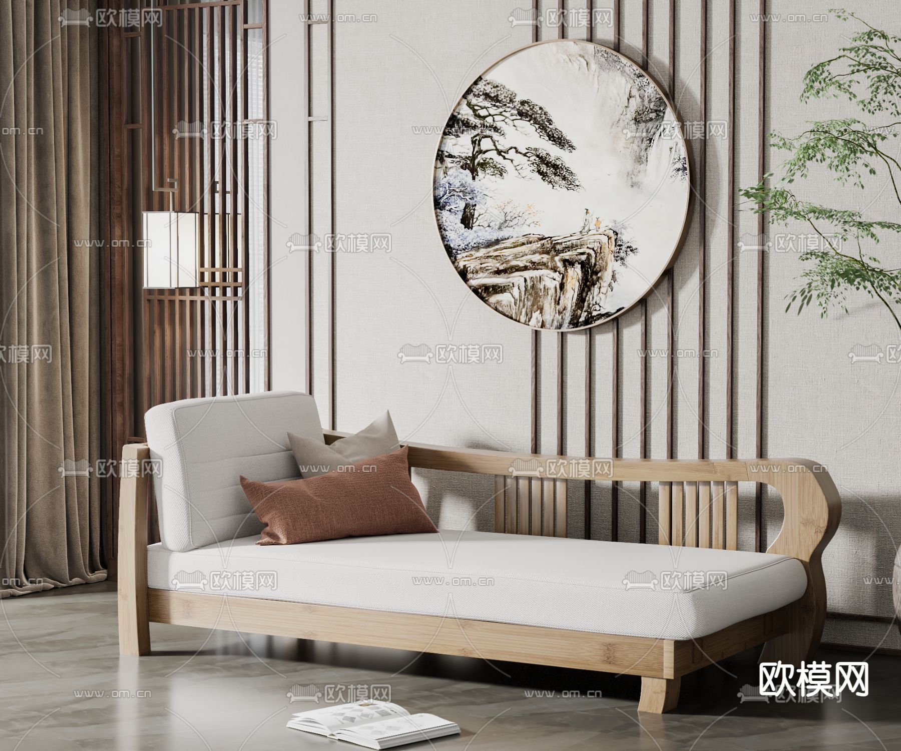 新中式贵妃椅su模型下载（渲染图1）