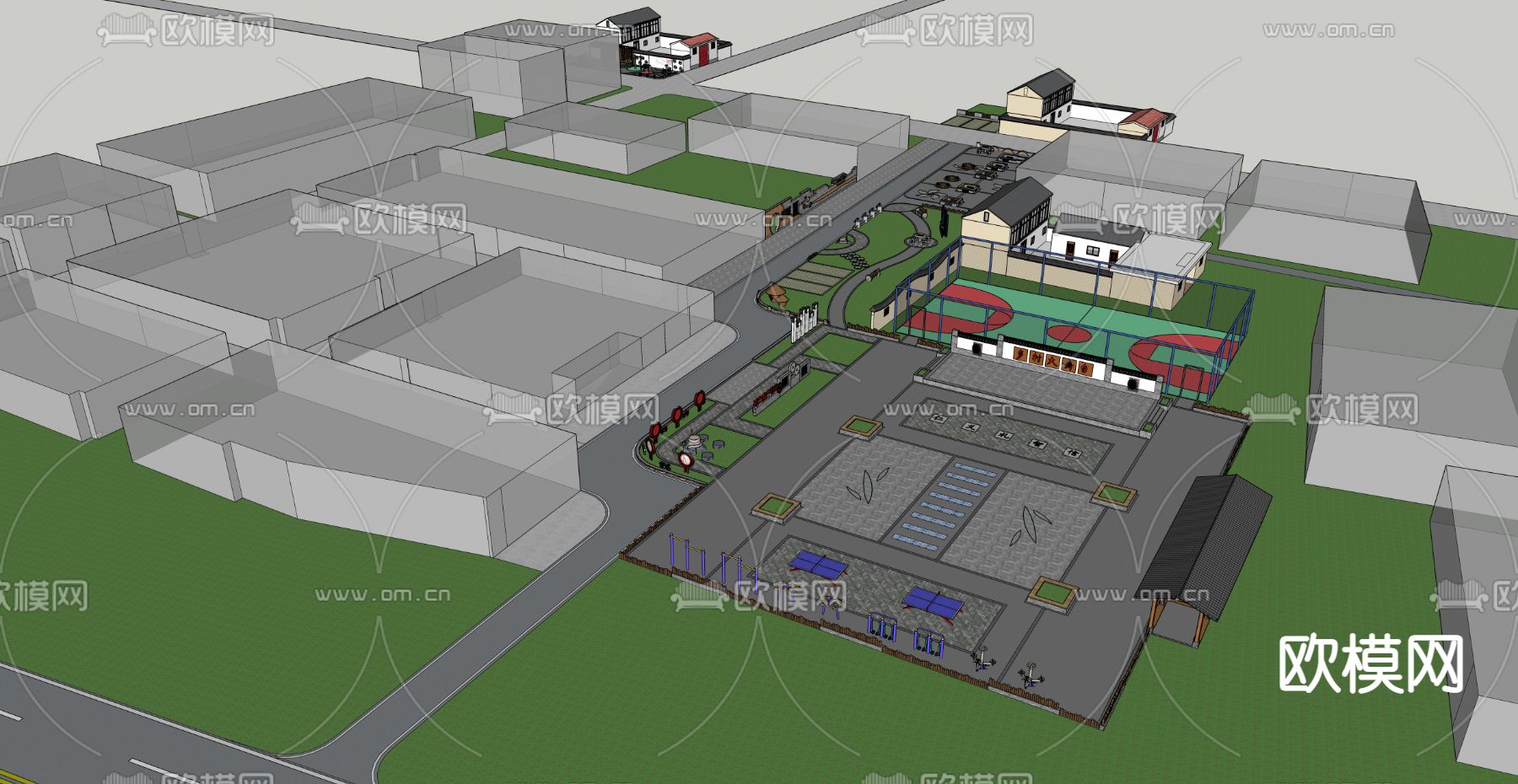 新中式美丽乡村广场鸟瞰su模型下载（渲染图2）