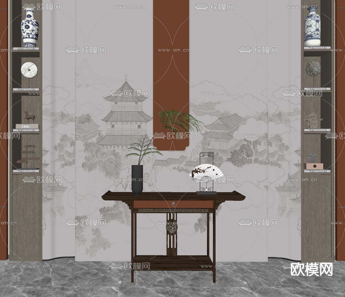新中式端景条案su模型