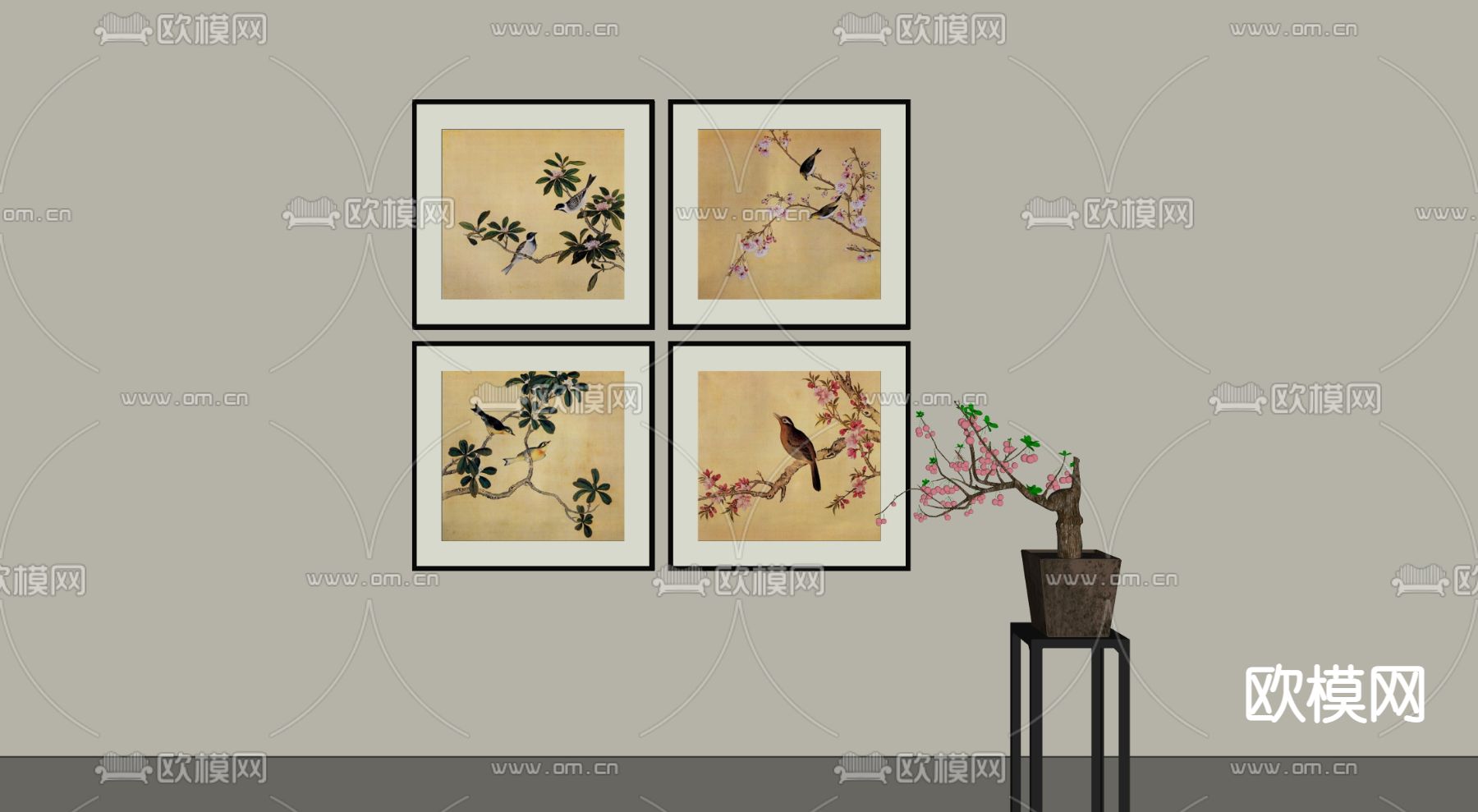 新中式装饰画 鸟语花香挂画su模型下载（渲染图2）