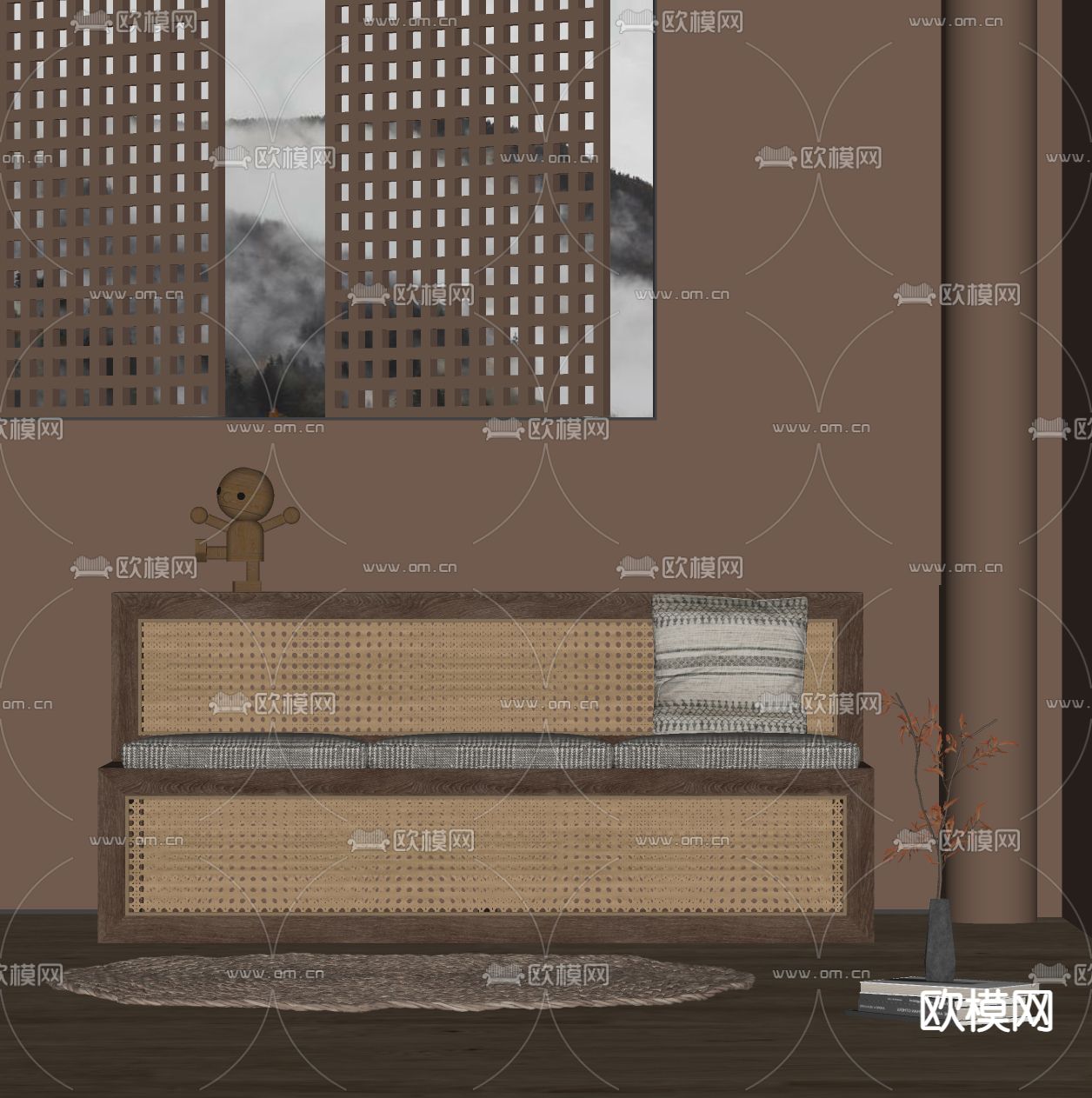 侘寂风户外长椅 椅子su模型下载（渲染图2）