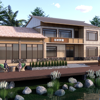  新中式乡村民宿外观su模型 