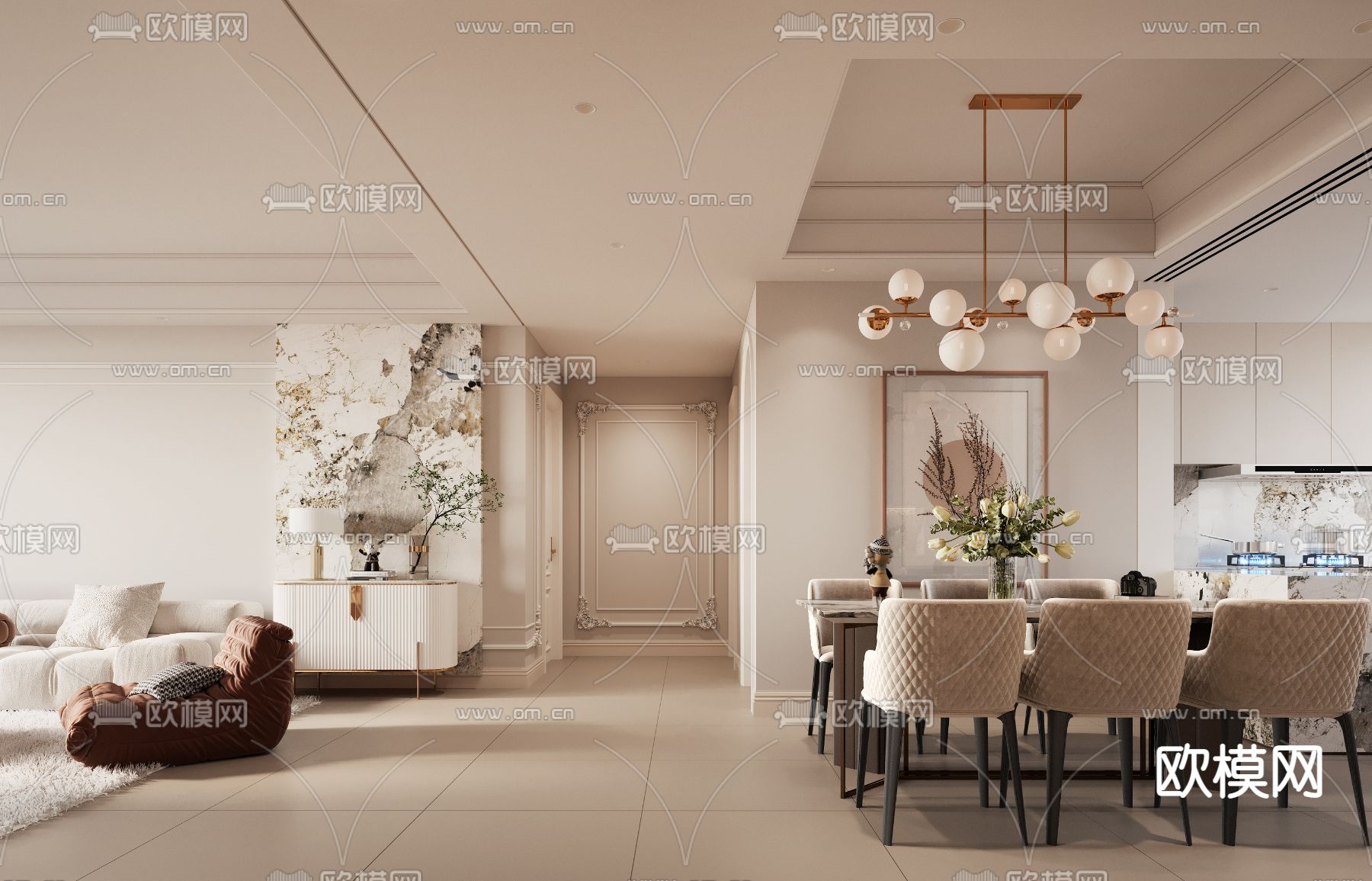 法式客厅餐厅3d模型下载（渲染图2）