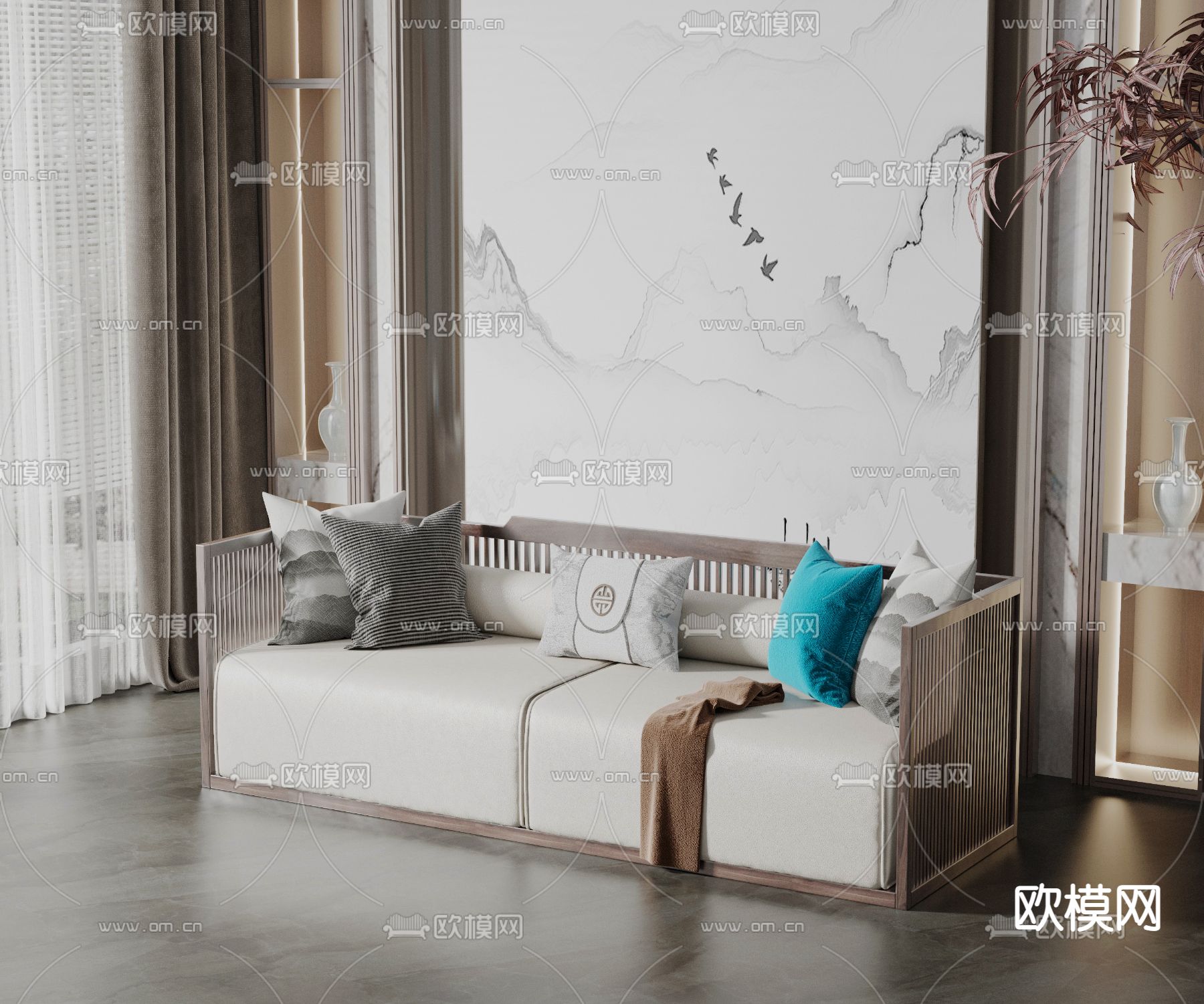 新中式白色多人沙发3d模型下载