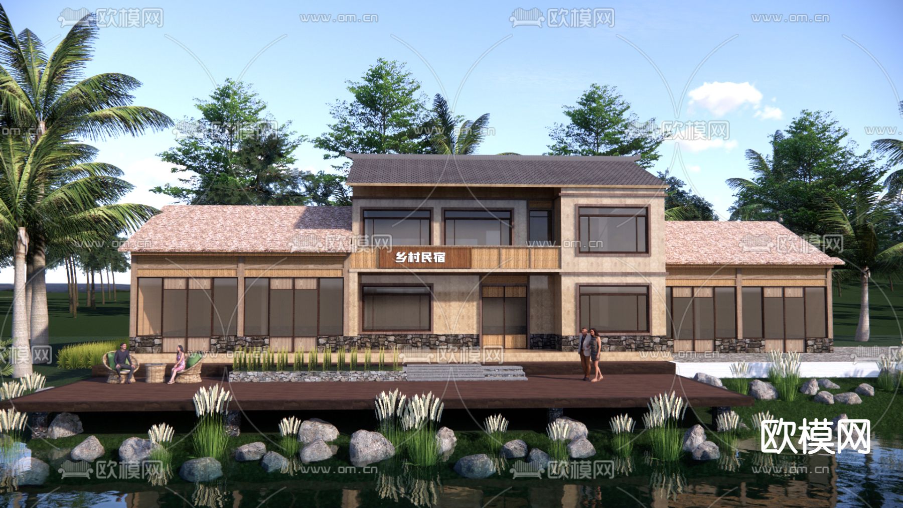 新中式乡村民宿外观su模型下载（渲染图2）