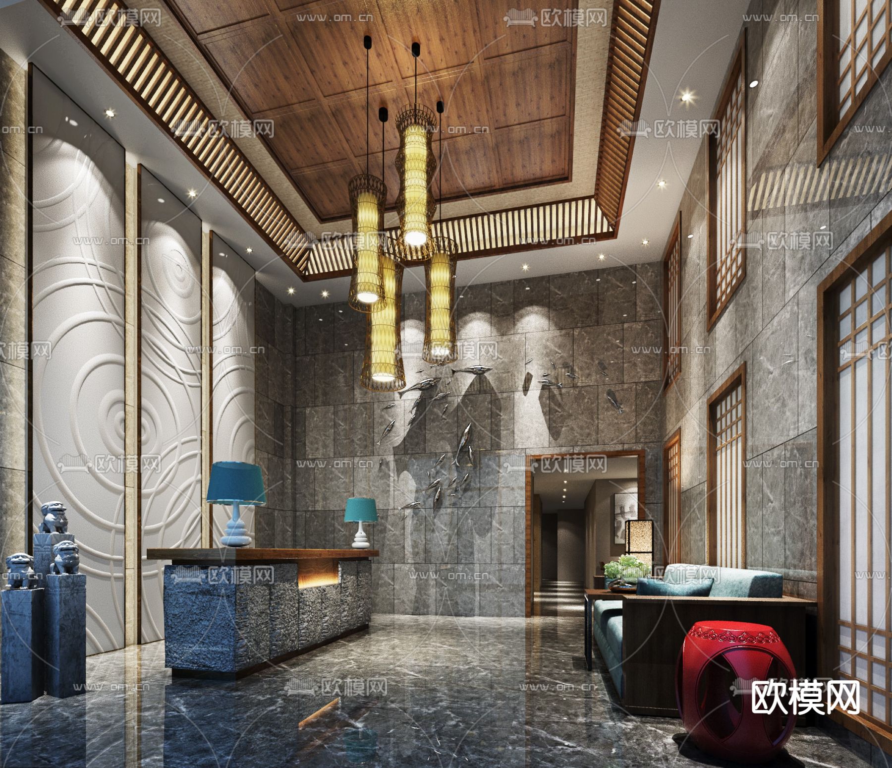 轻奢酒店前台 接待处su模型下载（渲染图1）