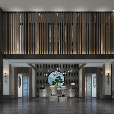  新中式酒店大堂前台su模型 