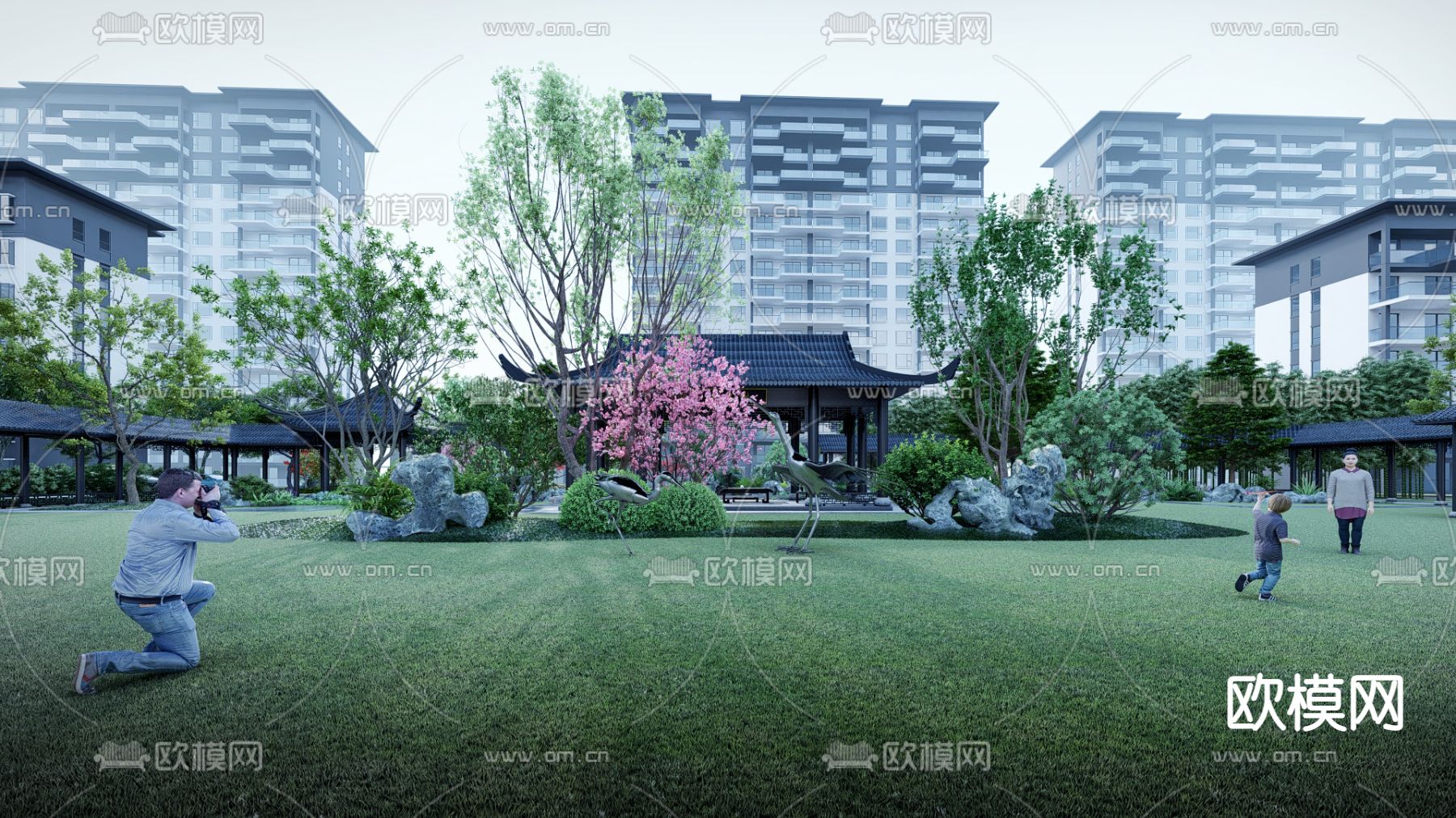 新中式小区住宅园内景观su模型下载（渲染图3）