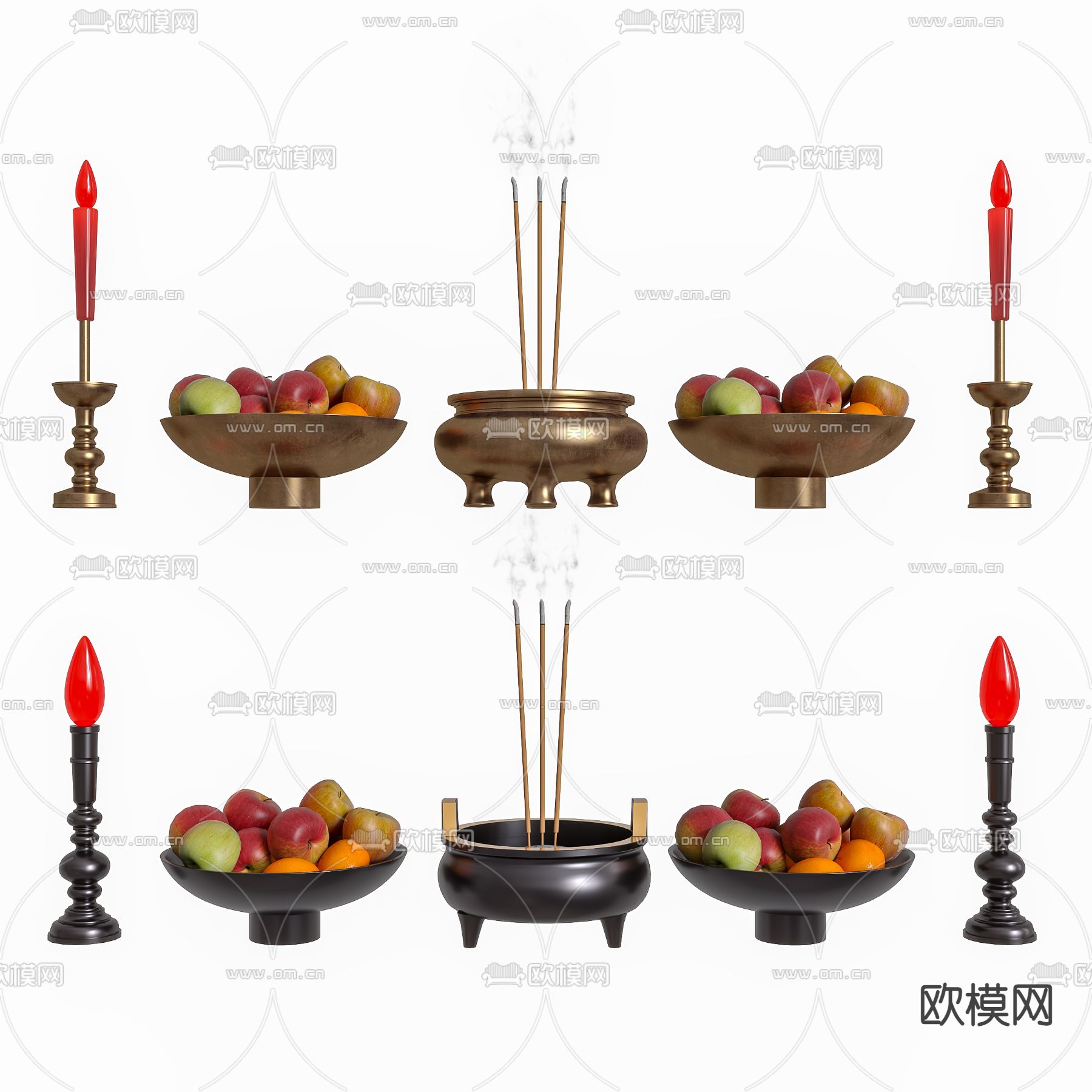 供奉品 香炉 蜡烛台 果盘su模型下载（渲染图1）