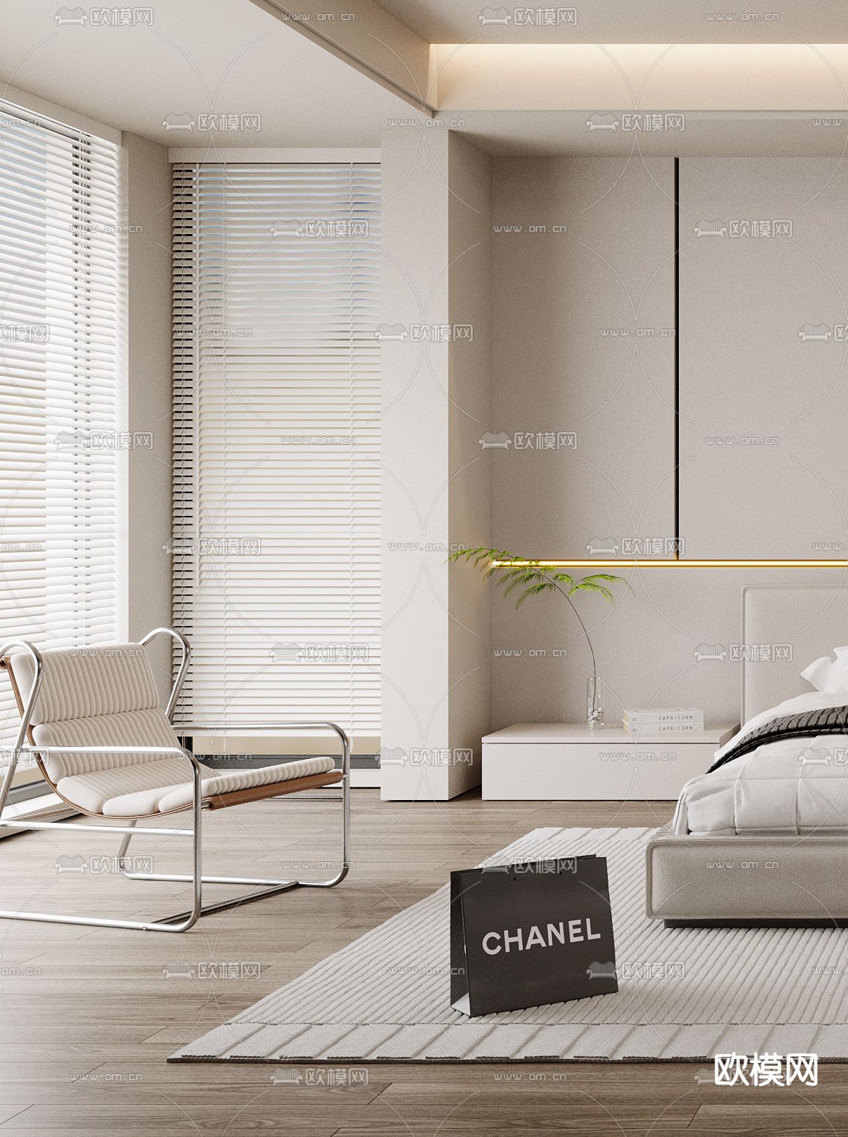 奶油风卧室 主人房3d模型下载（渲染图2）