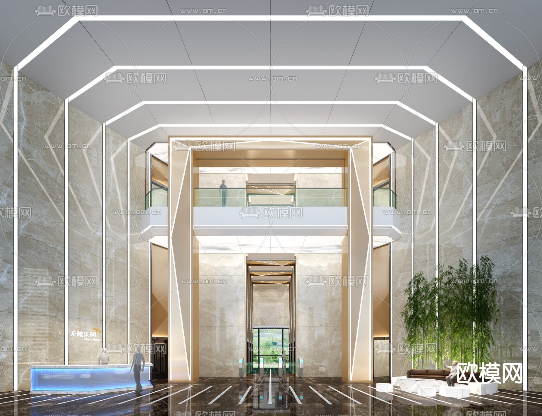 轻奢商务大堂su模型下载（渲染图1）