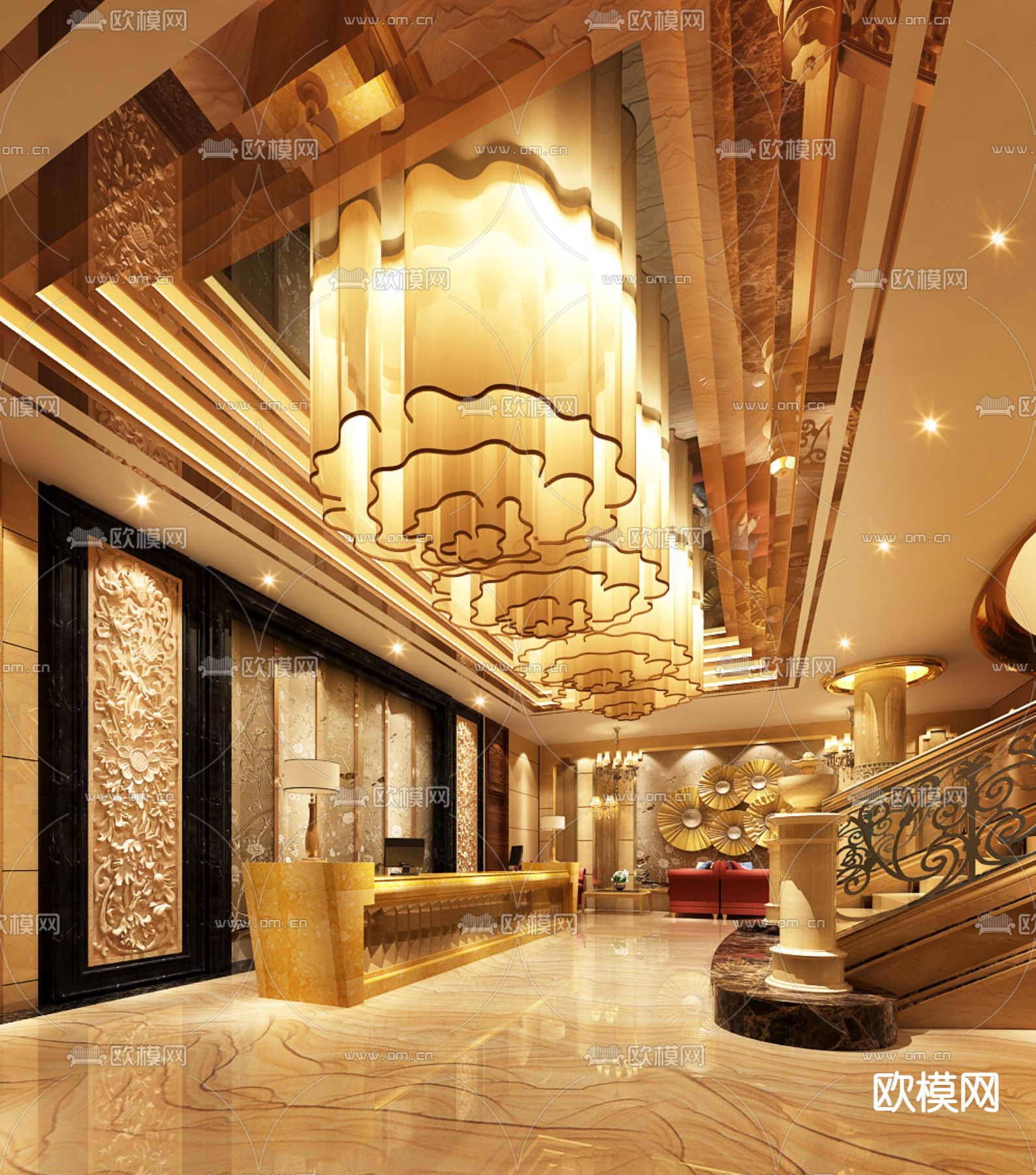 欧式轻奢商务大堂 前台 休息区su模型下载（渲染图1）