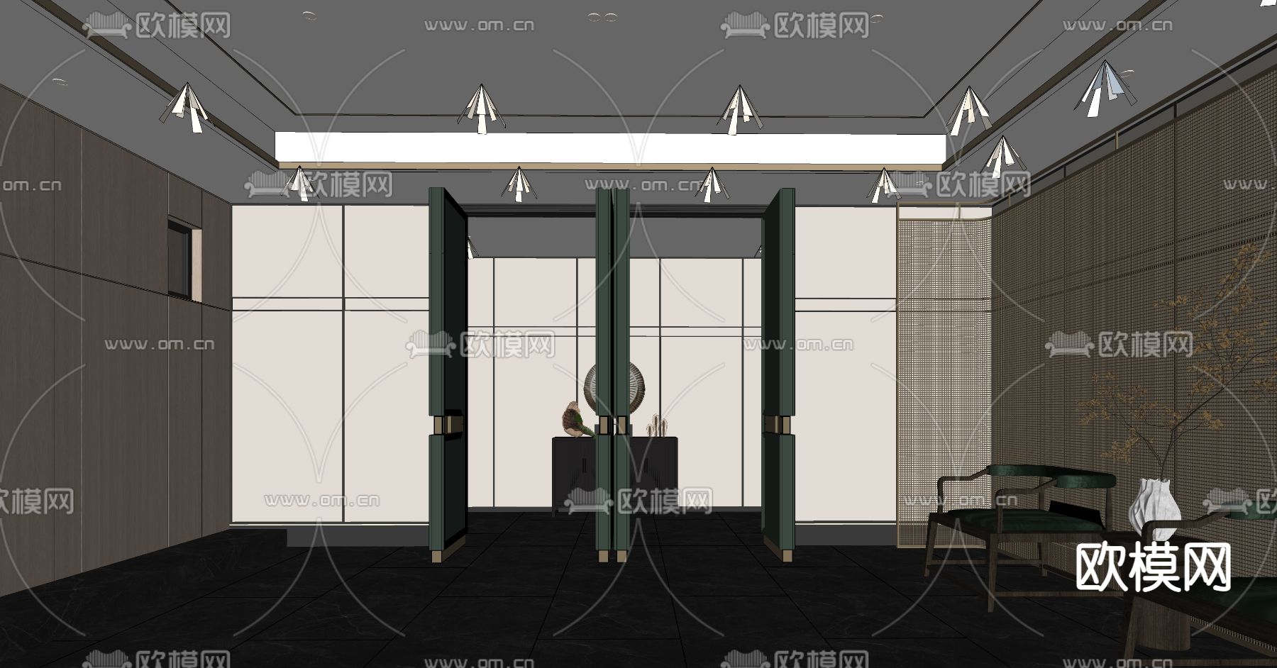 新中式酒店前厅 酒店大堂su模型下载（渲染图2）