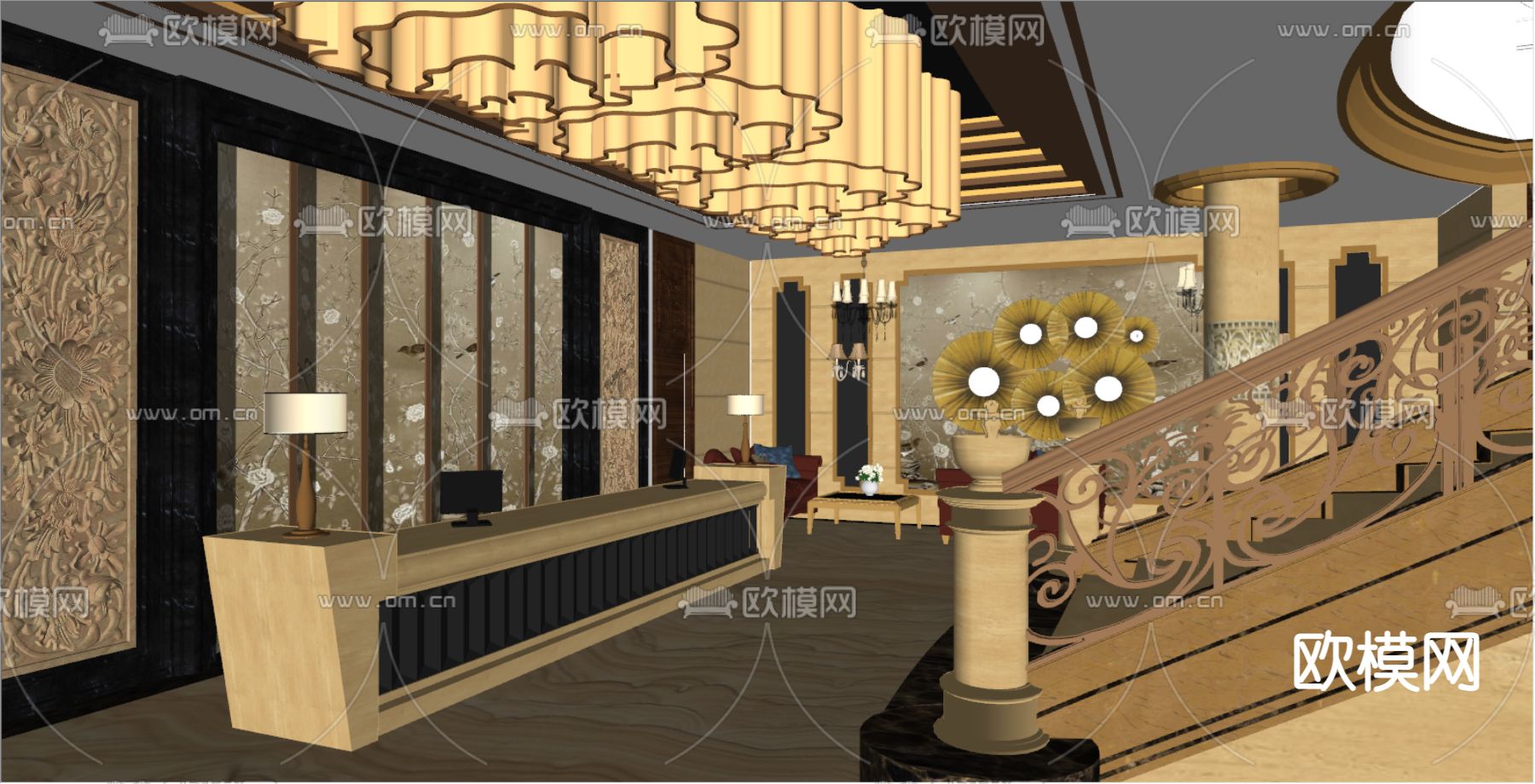 欧式轻奢商务大堂 前台 休息区su模型下载（渲染图2）