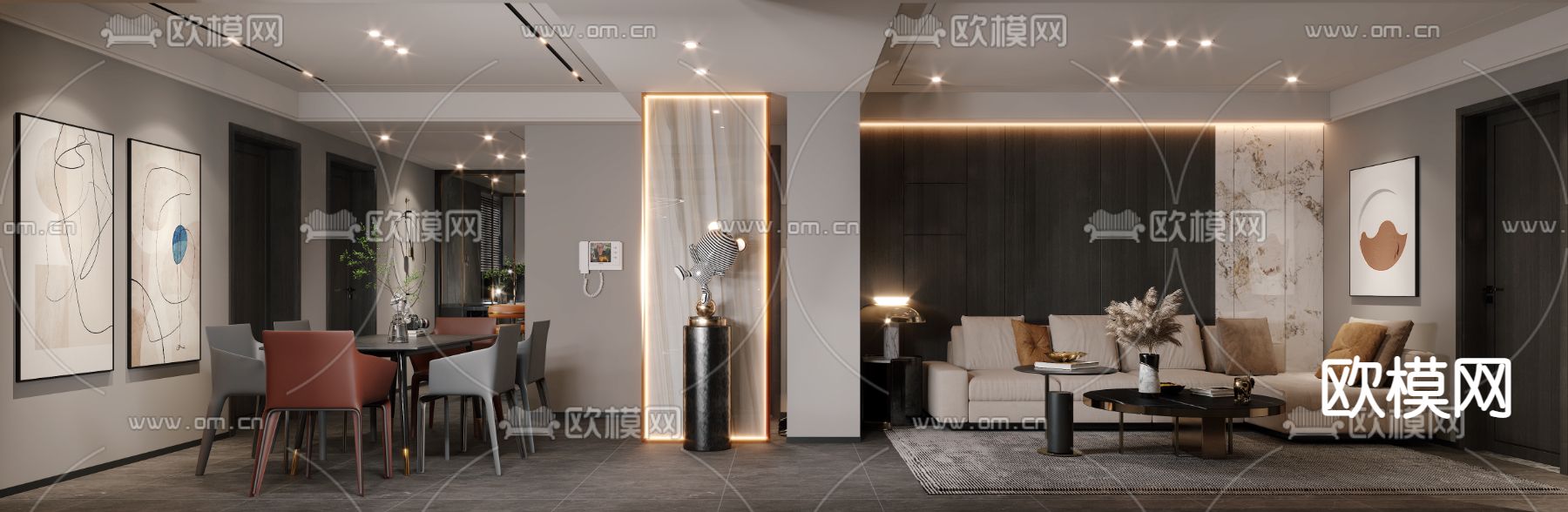 高级灰客厅餐厅3d模型下载（渲染图1）