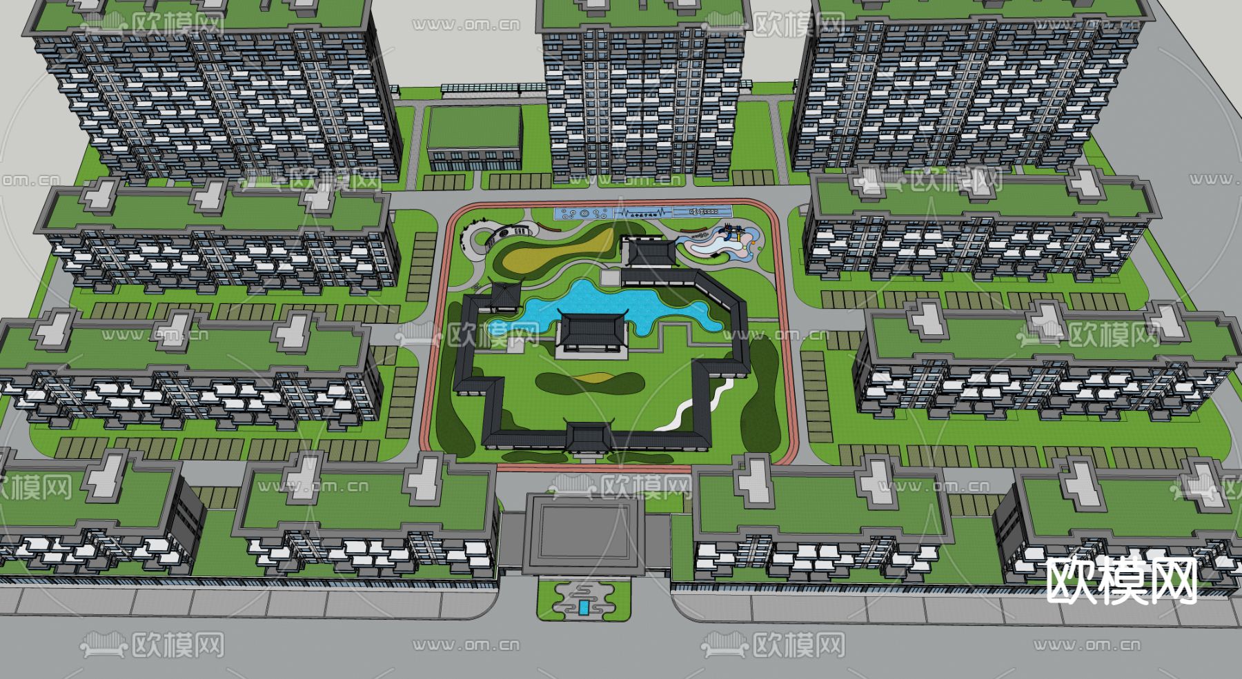 新中式小区住宅园内景观su模型下载（渲染图2）