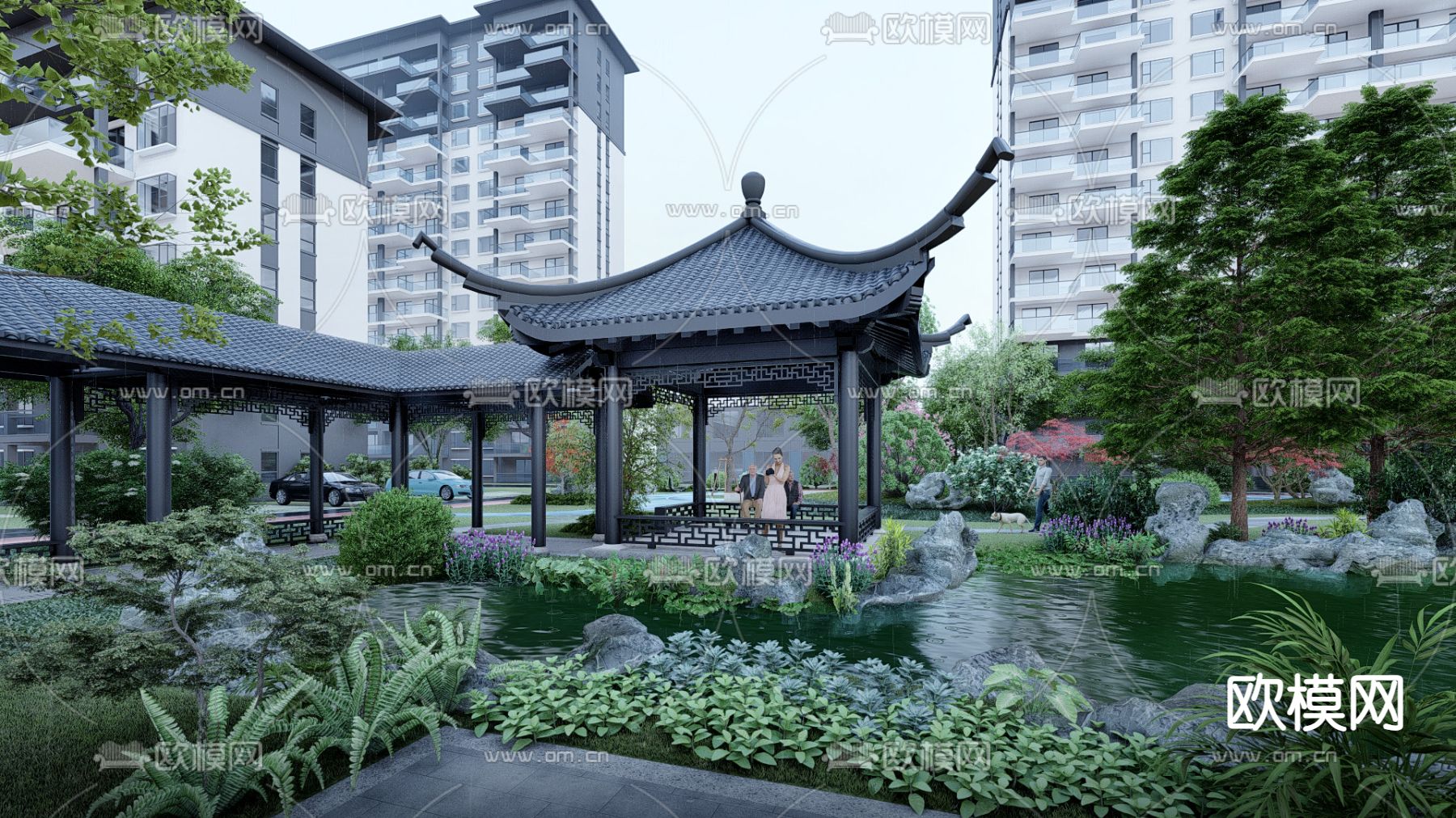 新中式小区住宅园内景观su模型下载（渲染图4）