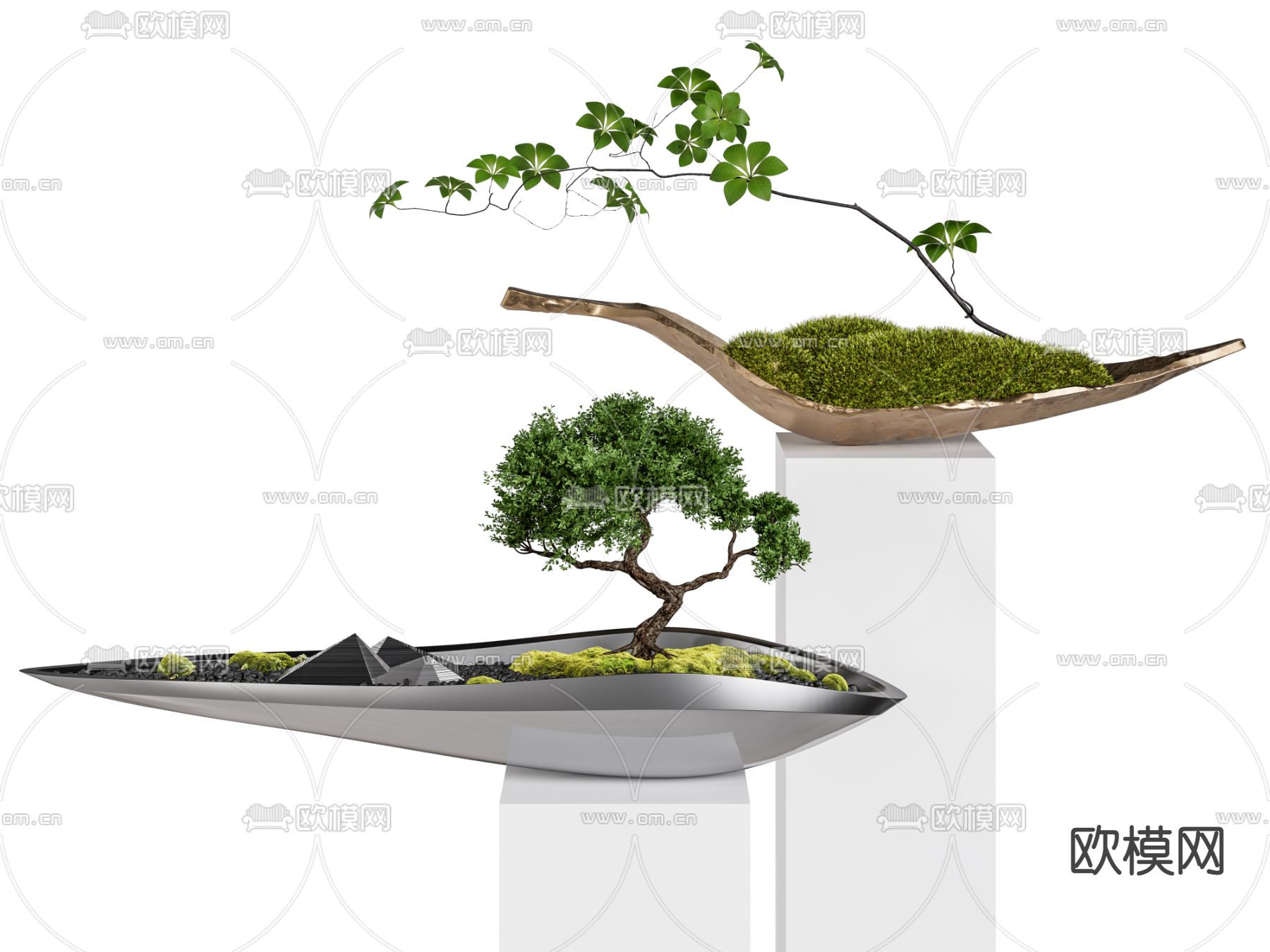 新中式鲜苔盆栽 盆景堑件3d模型下载（渲染图1）