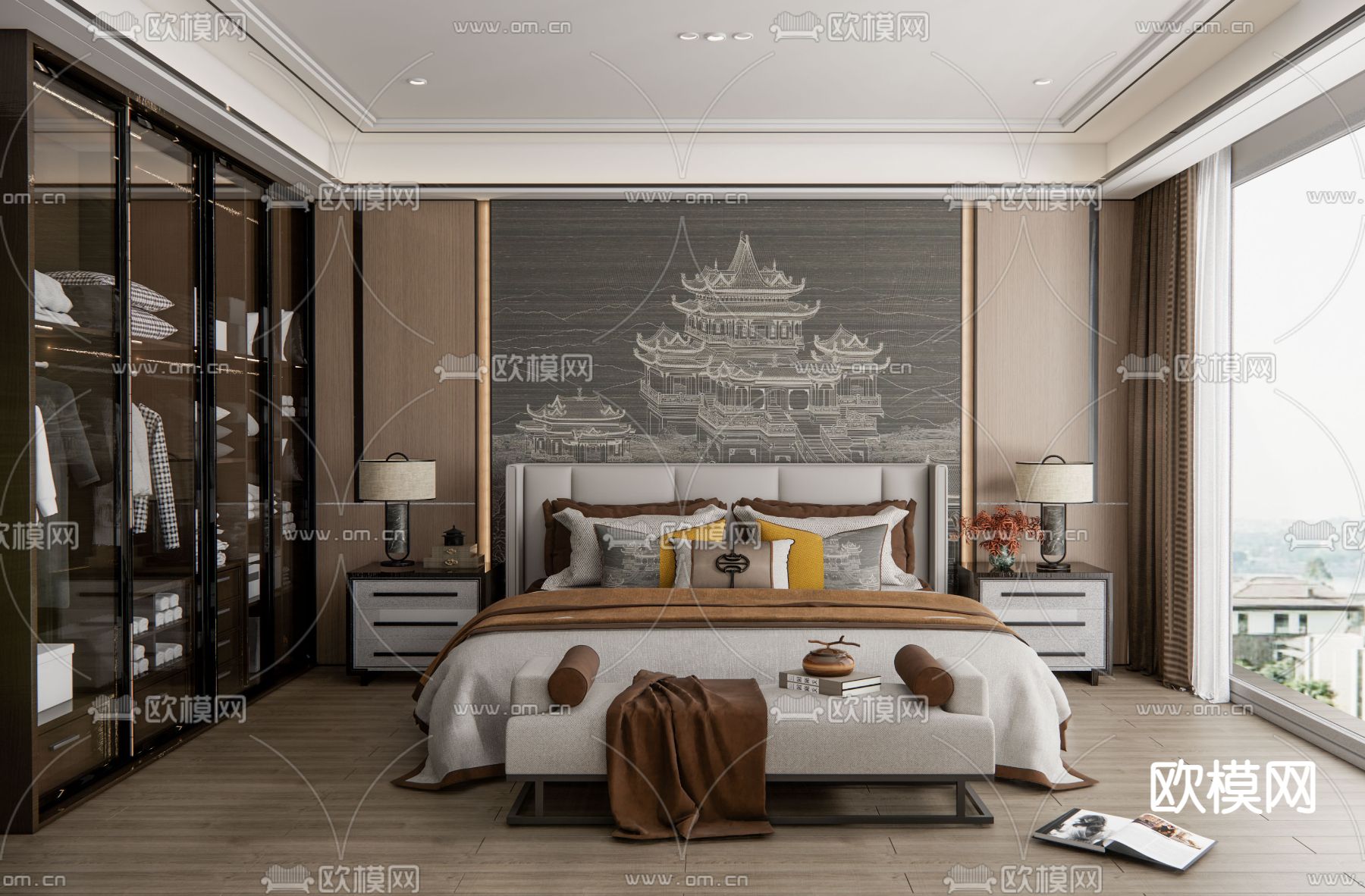 新中式卧室su模型下载（渲染图1）
