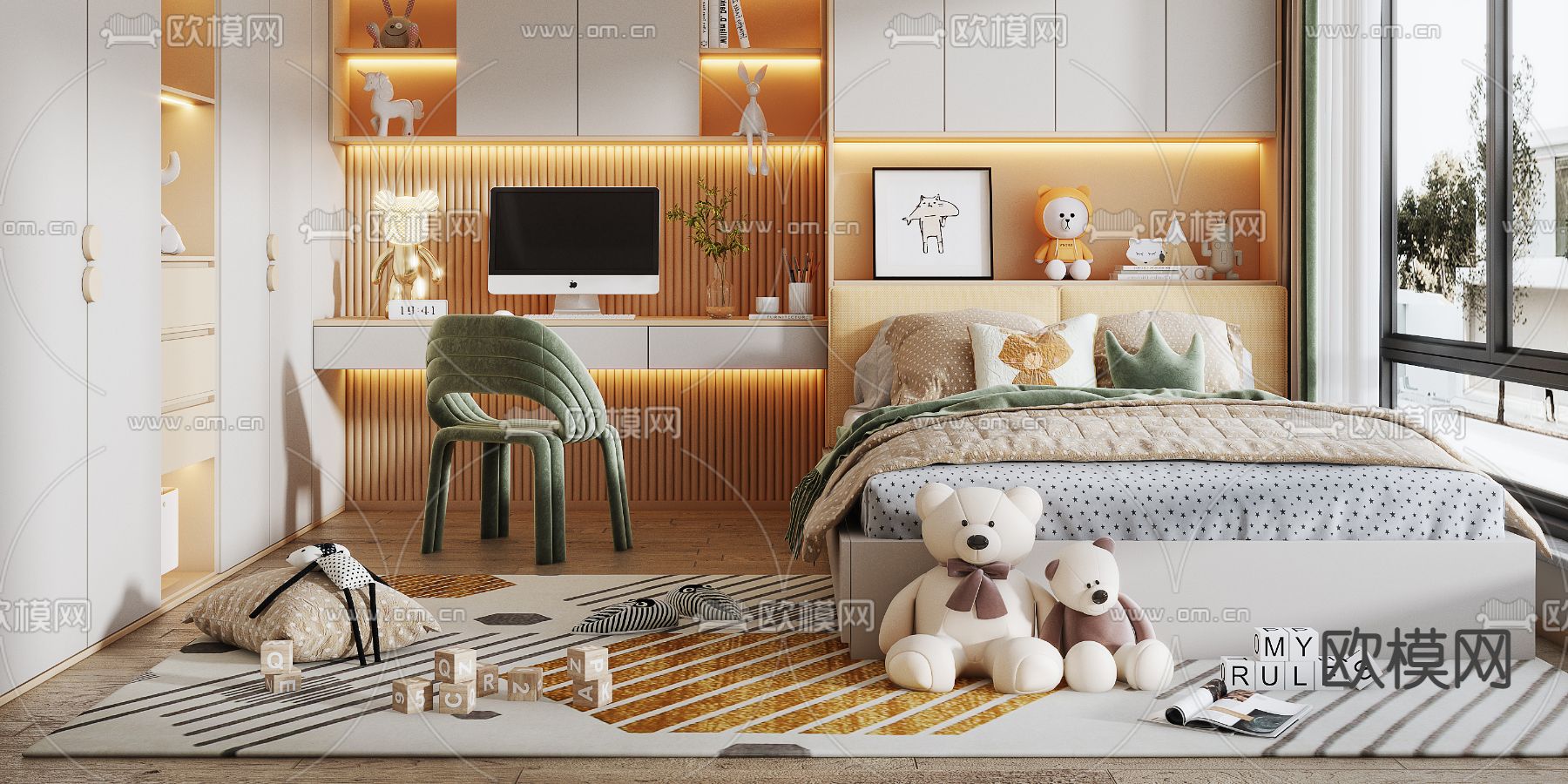 现代榻榻米卧室 小孩房3d模型下载（渲染图3）