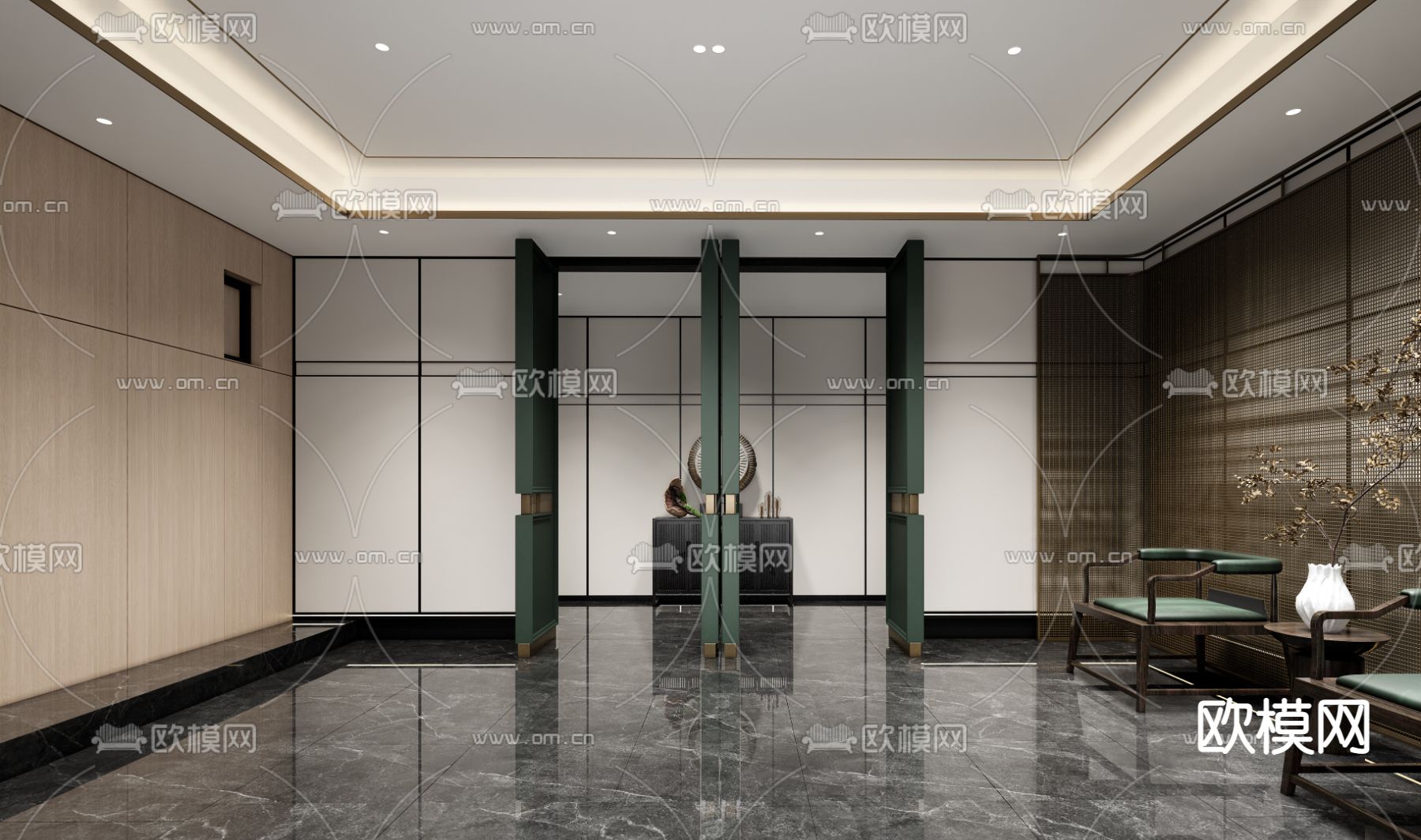 新中式酒店前厅 酒店大堂su模型下载（渲染图1）