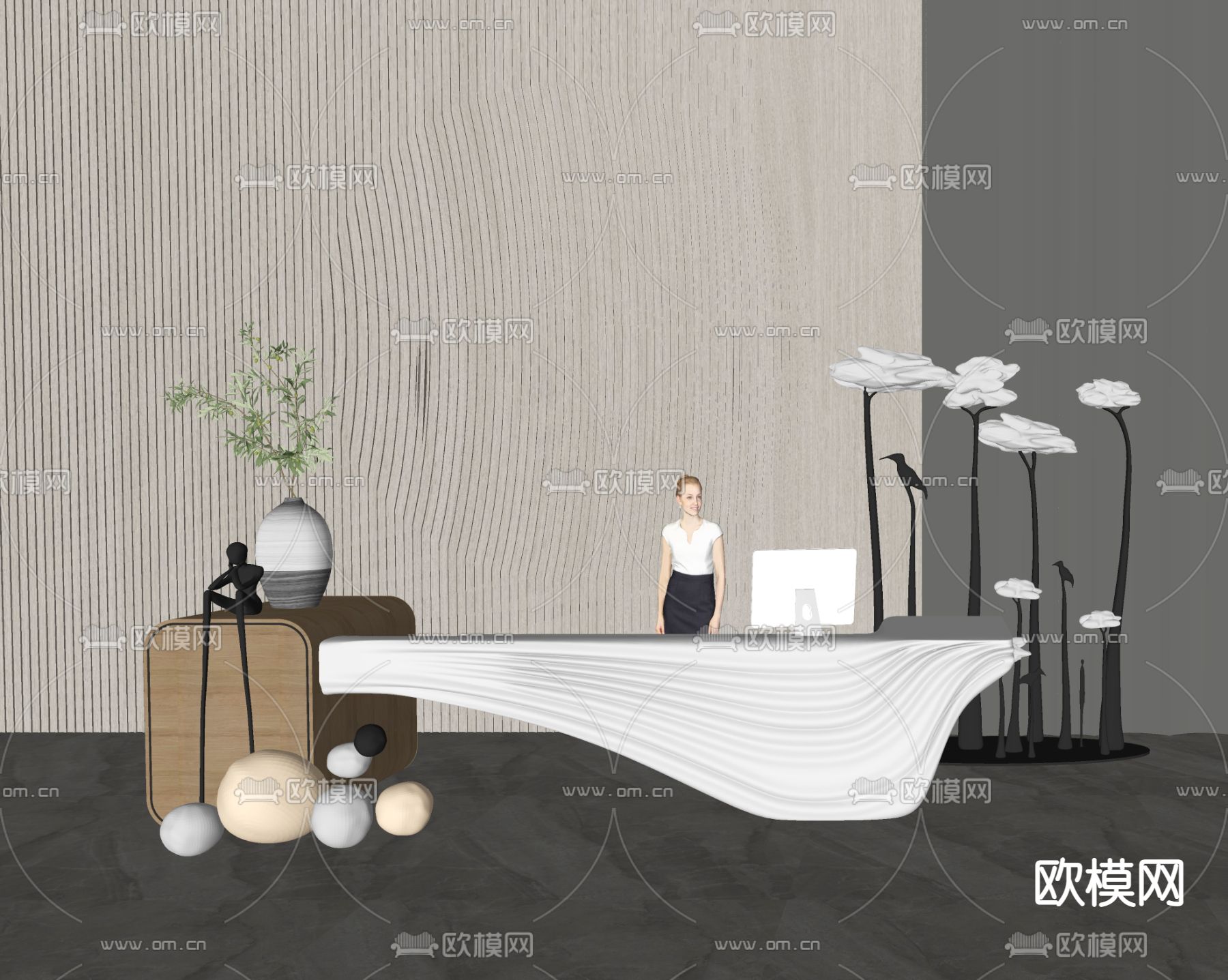 现代前台 接待台su模型下载（渲染图2）