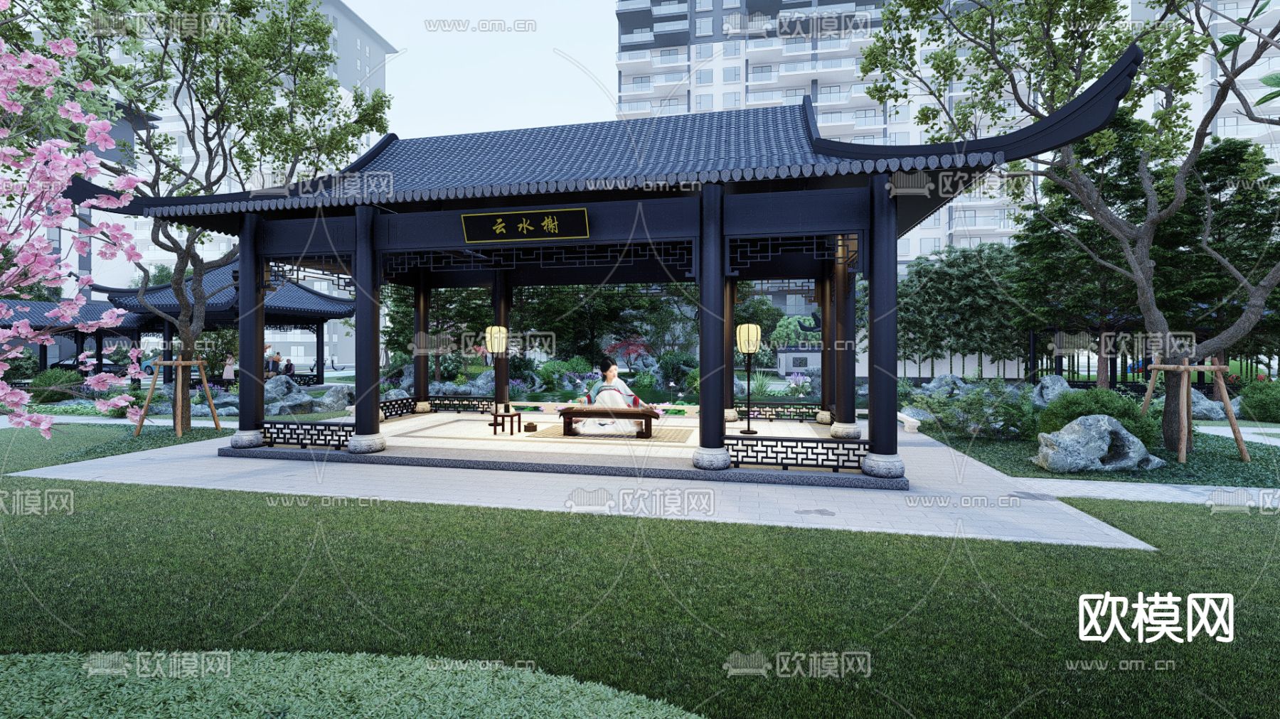 新中式小区住宅园内景观su模型下载（渲染图9）