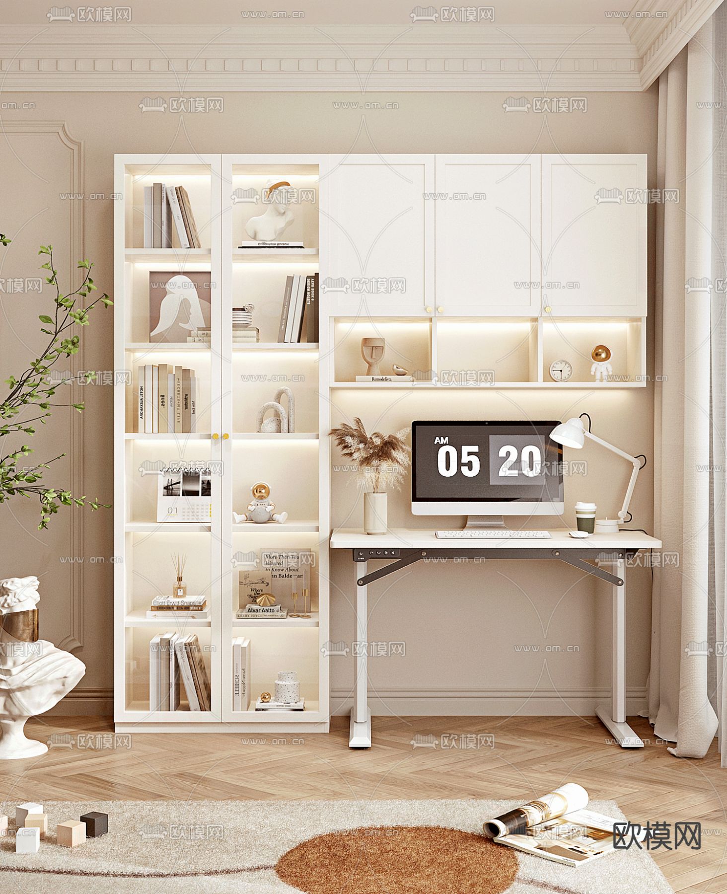 奶油发书桌柜su模型下载（渲染图1）