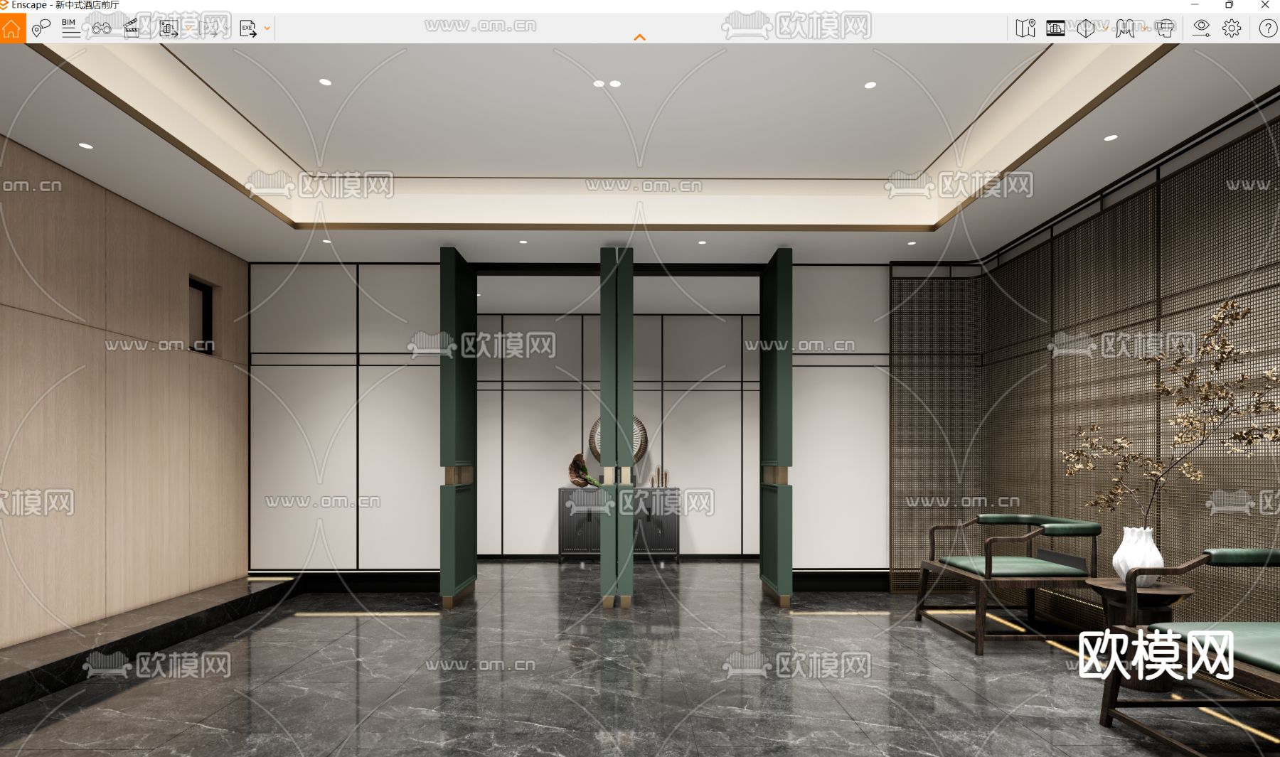 新中式酒店前厅 酒店大堂su模型下载（渲染图3）