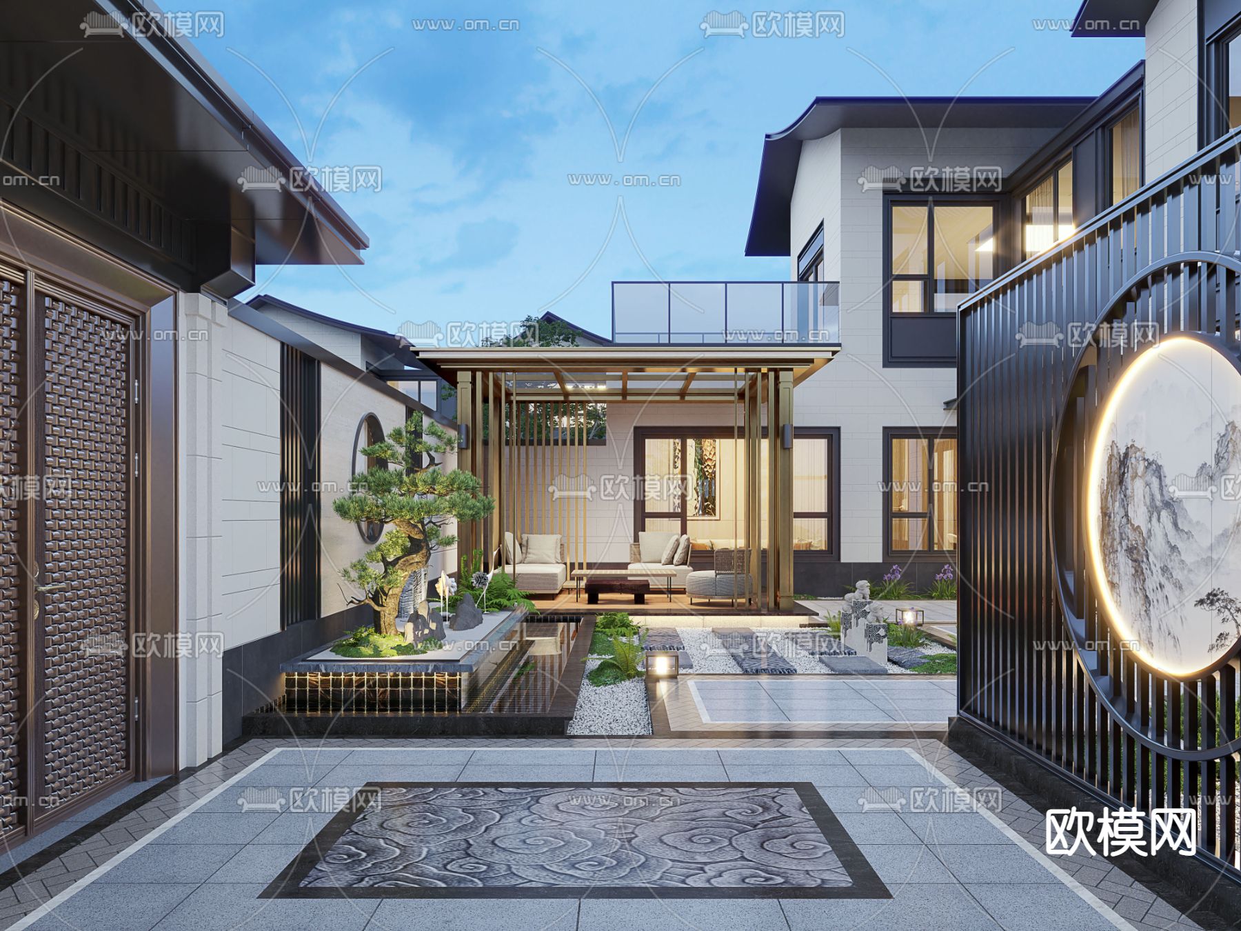 新中式庭院 花园景观3d模型下载（渲染图1）