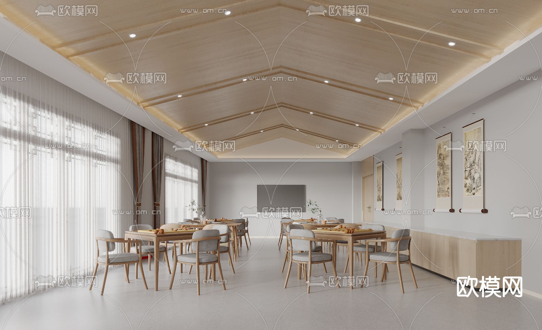 新中式养老院休闲活动室3d模型下载