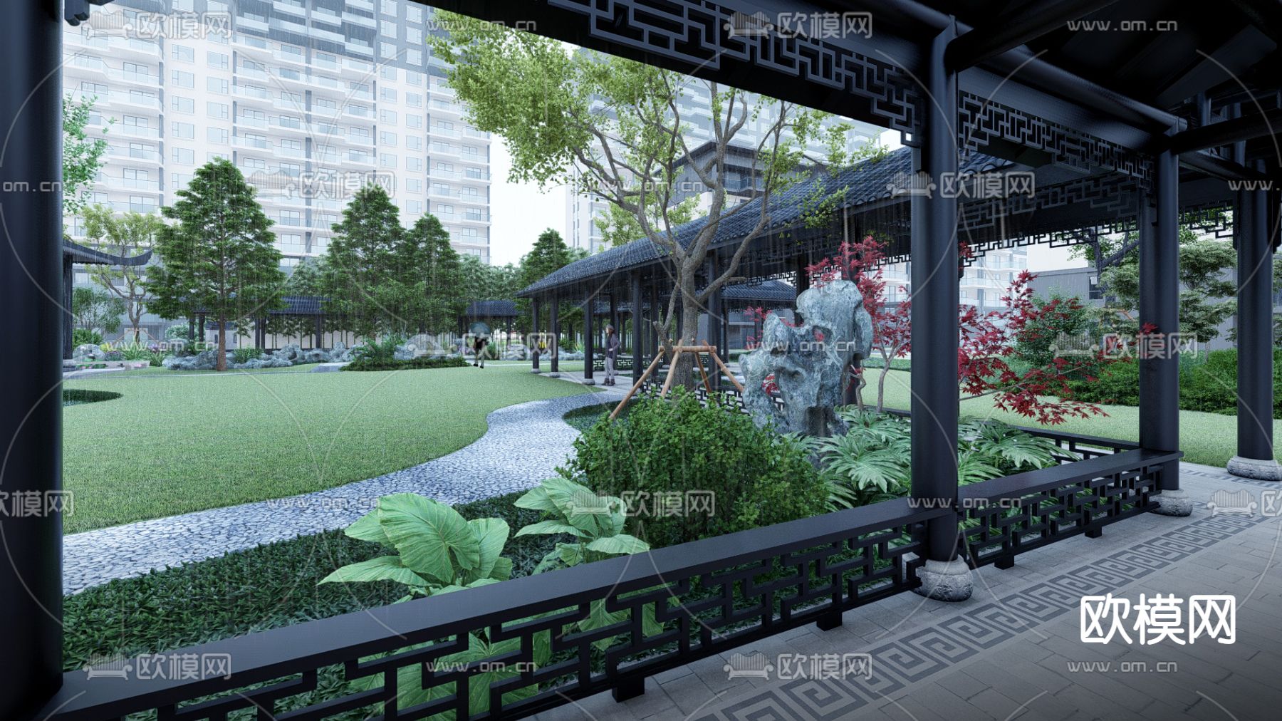 新中式小区住宅园内景观su模型下载（渲染图5）