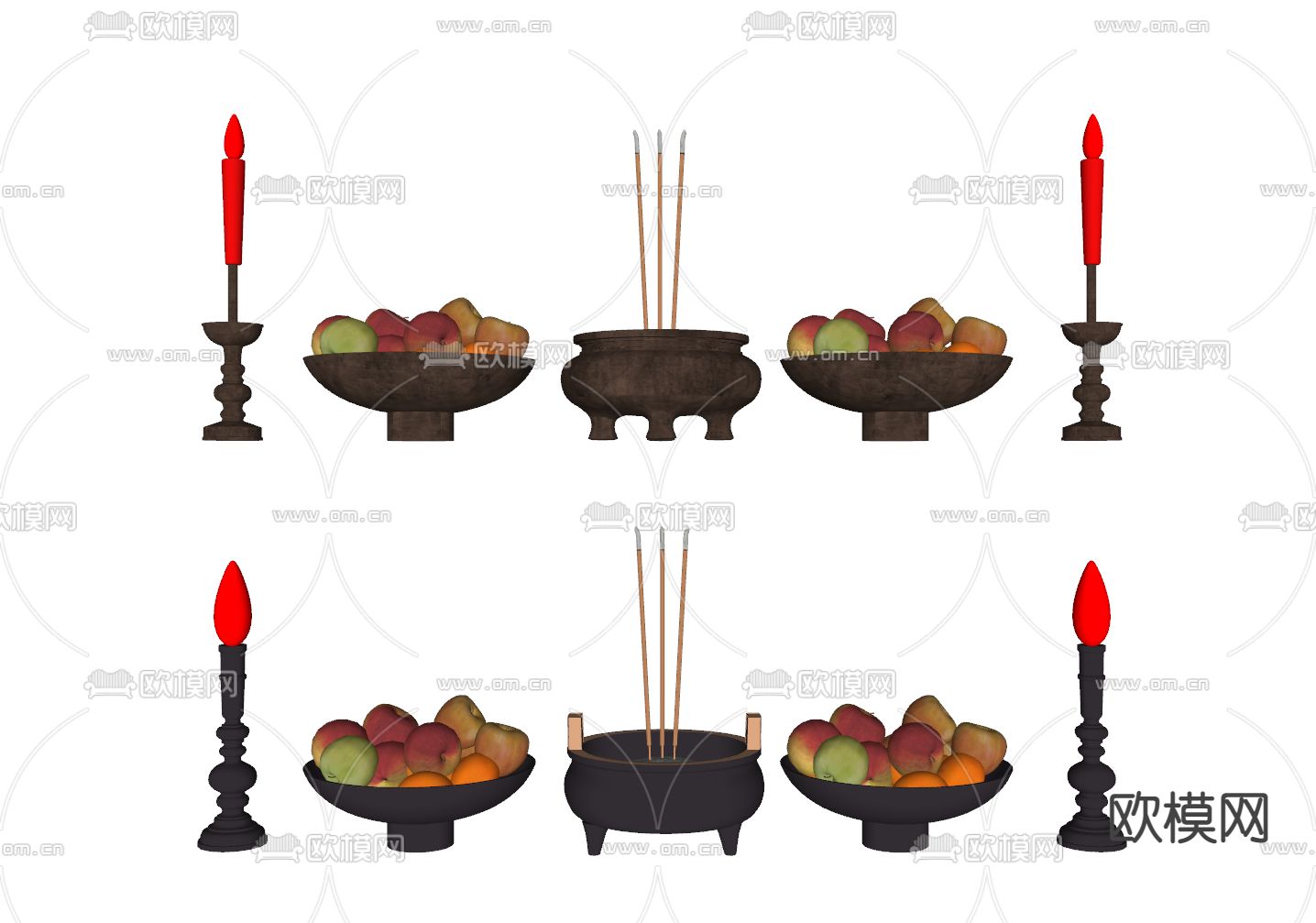 供奉品 香炉 蜡烛台 果盘su模型下载（渲染图2）
