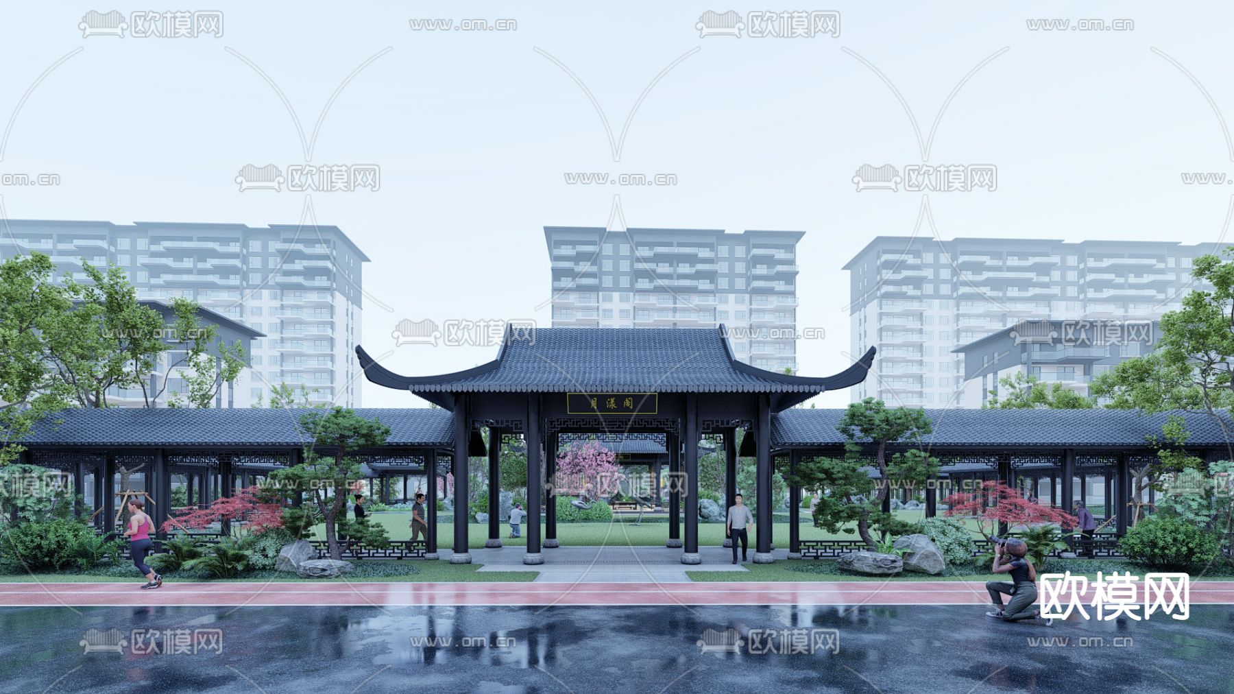 新中式小区住宅园内景观su模型下载（渲染图1）