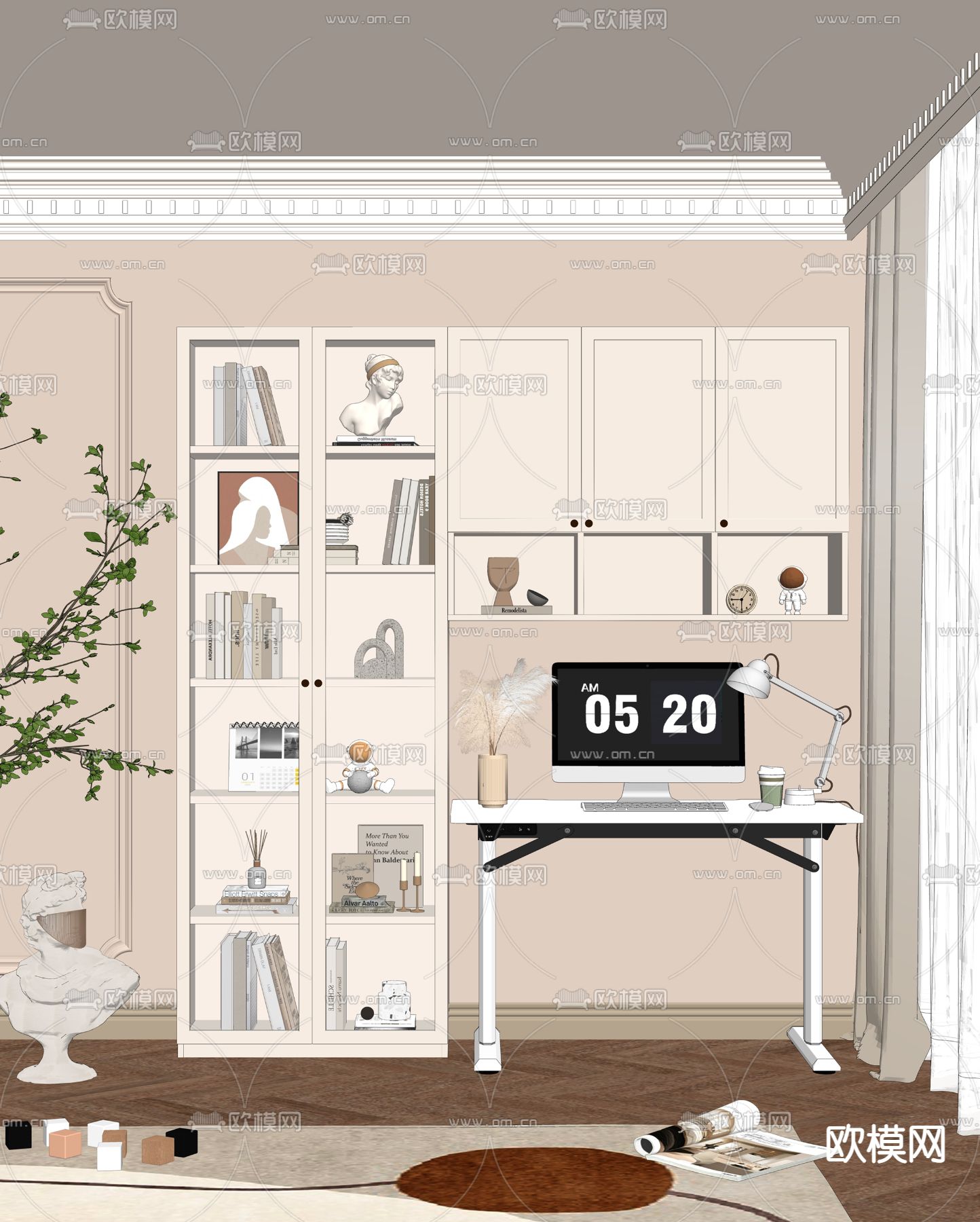 奶油发书桌柜su模型下载（渲染图2）