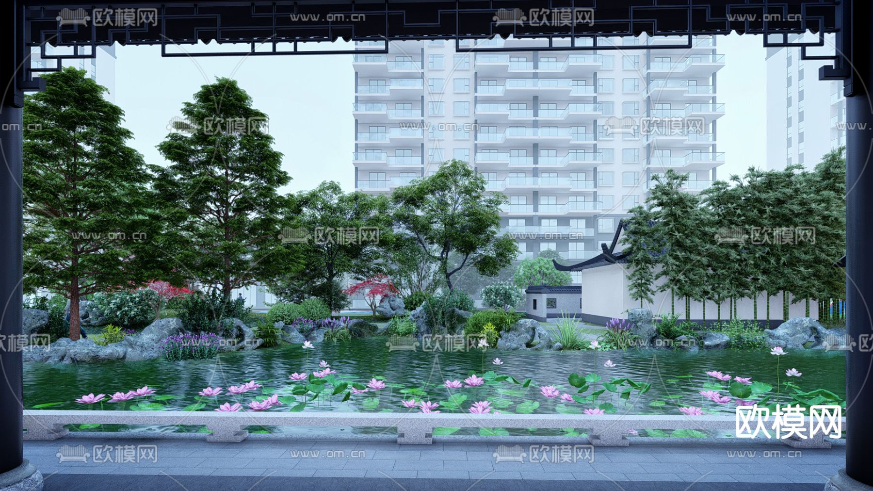 新中式小区住宅园内景观su模型下载（渲染图6）