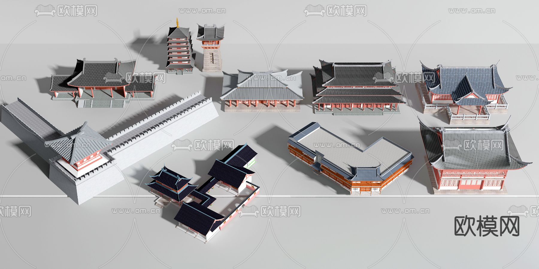 新中式古楼 城墙构件3d模型下载_ID12248384_3dmax免费模型-欧模网