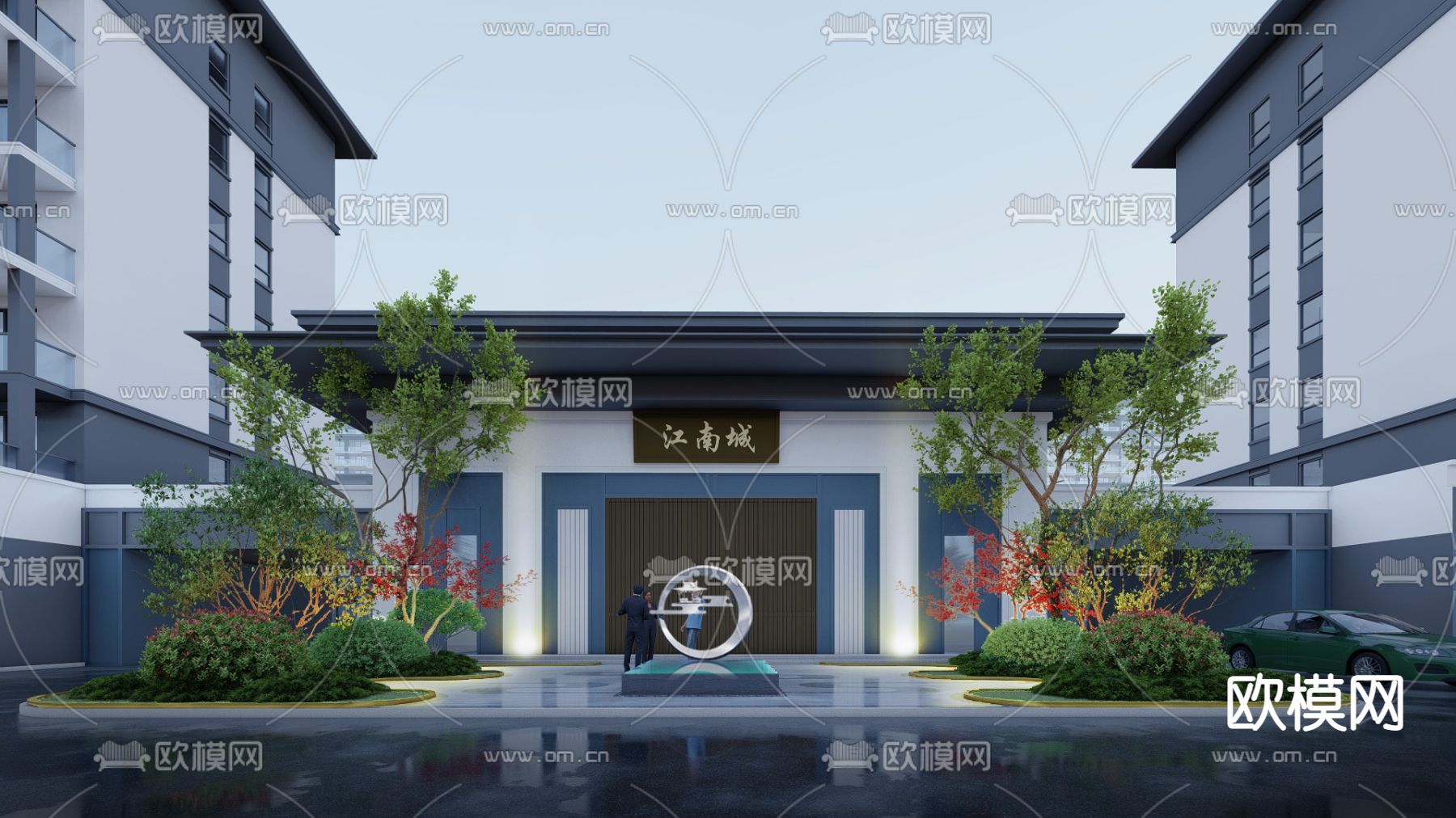 新中式小区住宅园内景观su模型下载（渲染图7）