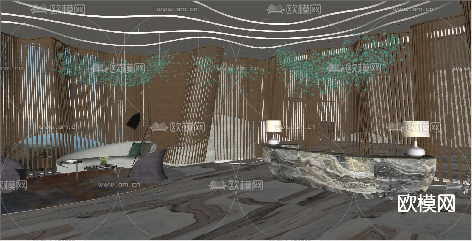 轻奢洗浴中心前台接待su模型下载（渲染图2）